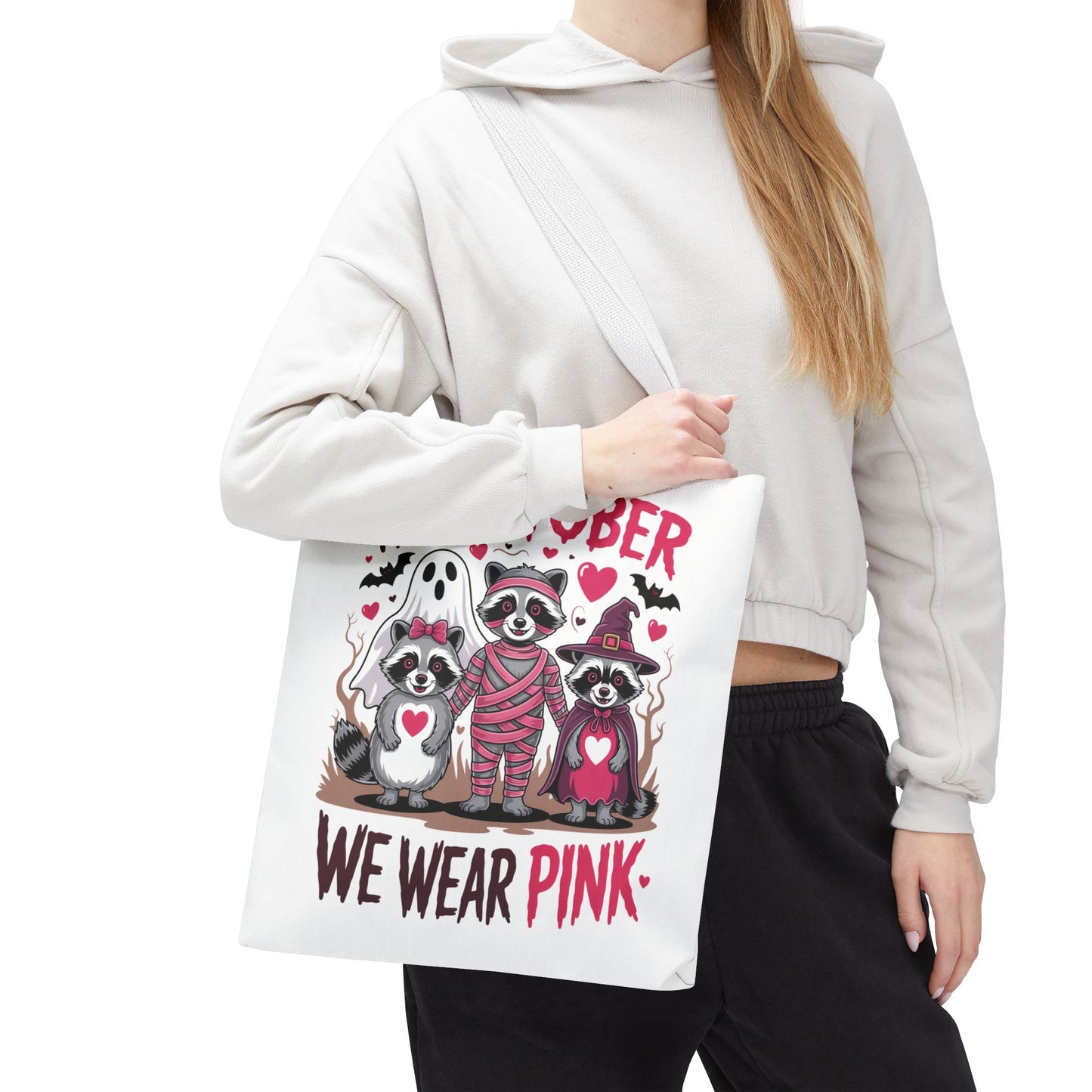 🎀 In October We Wear Pink Raccoon Halloween Tote Bag – Spooky Cute Awareness Style 🦝👜