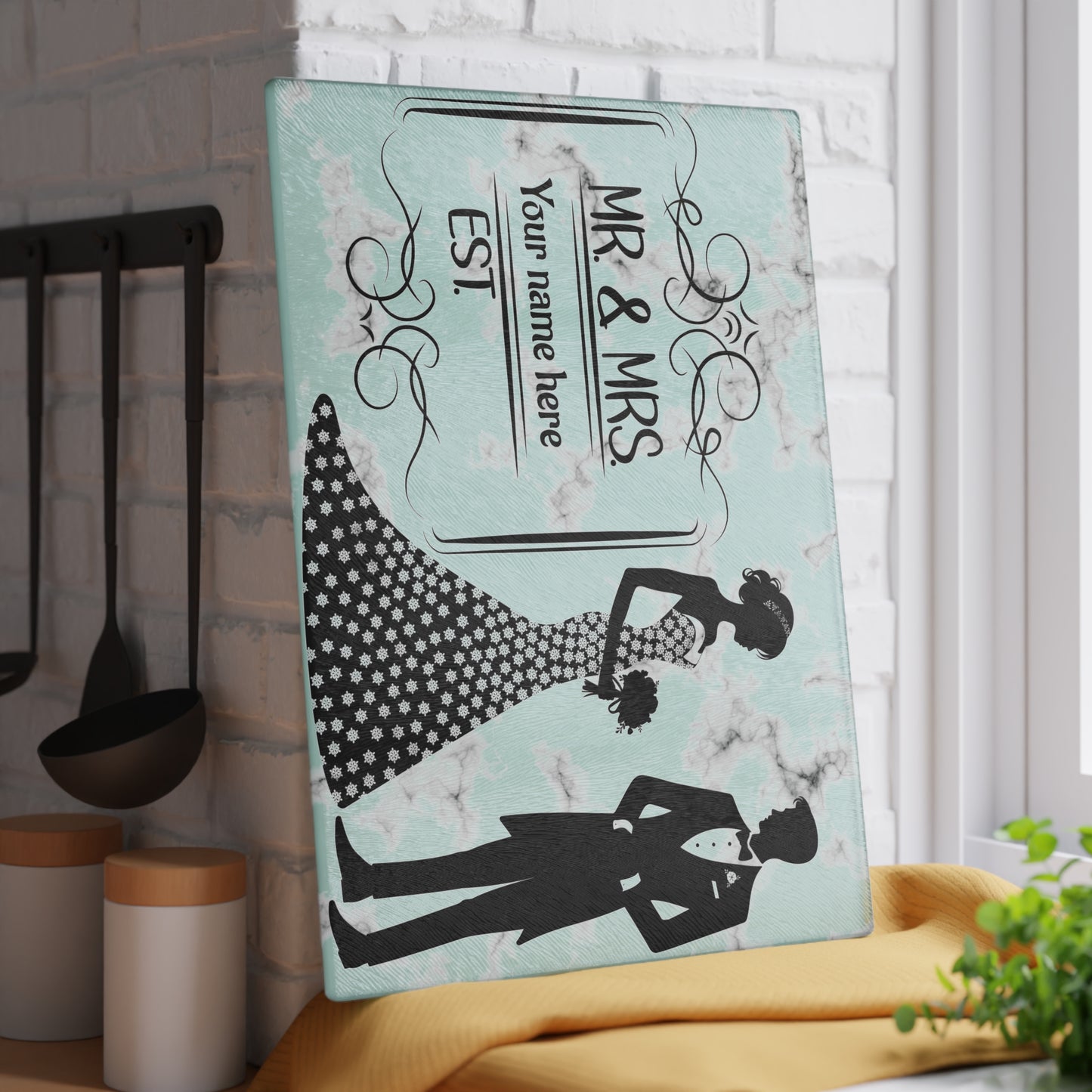 👰♀️ Elegante tabla de cortar de mármol para bodas de Sr. y Sra.: regalo personalizado para pareja con apellido y año