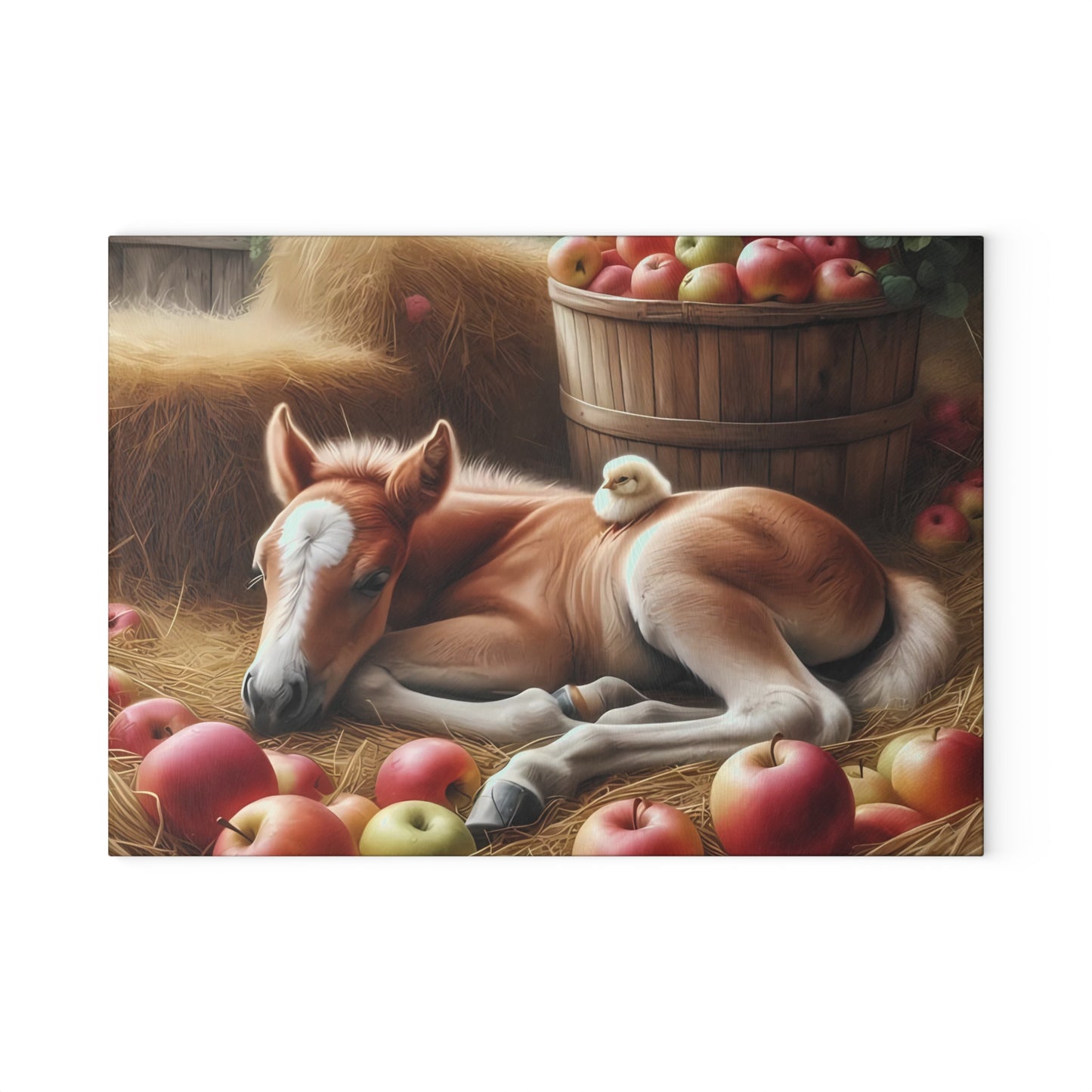 Tabla de cortar - Diseño de potro y pollito con manzanas, regalo único, tabla de cortar de vidrio, tabla de charcutería, tabla de cortar personalizada