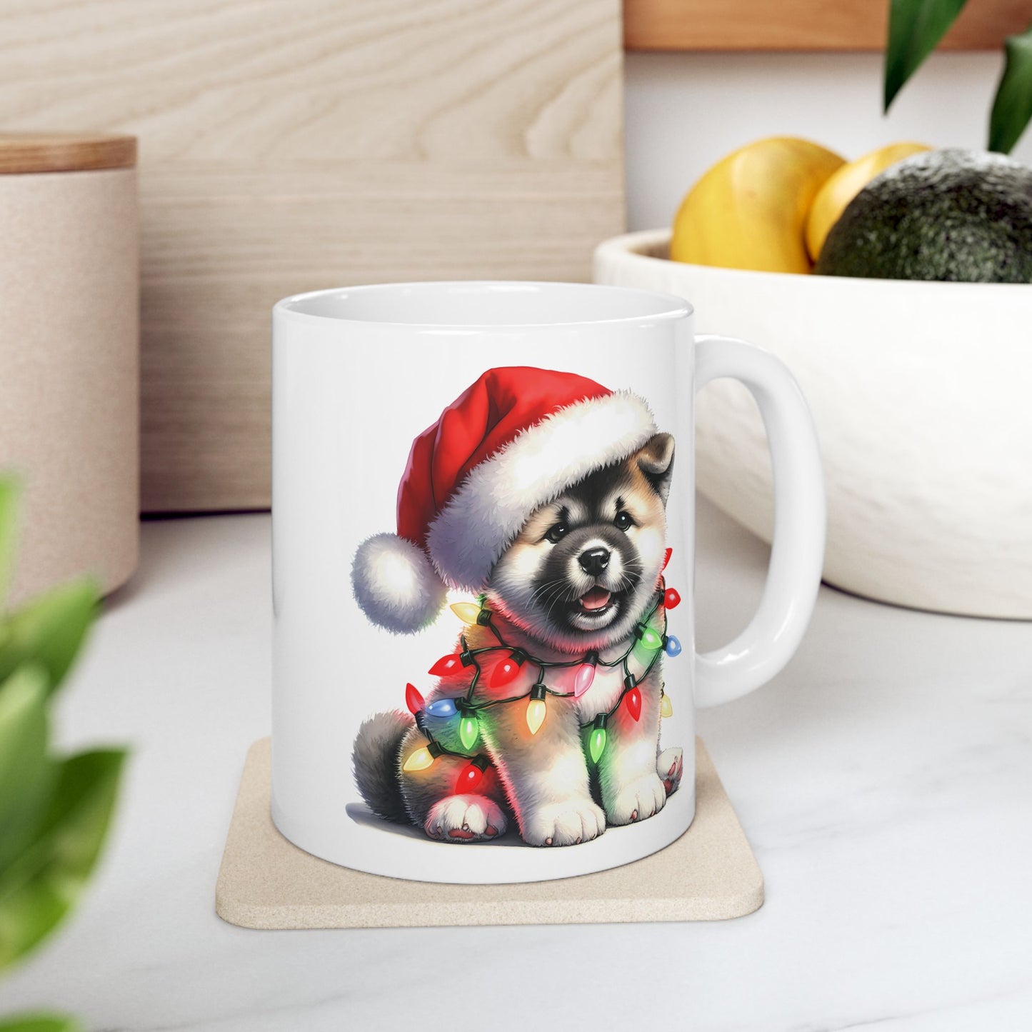 🎅 Akita Christmas Mug – Festive Puppy with Santa Hat & Holiday Lights 🎄
