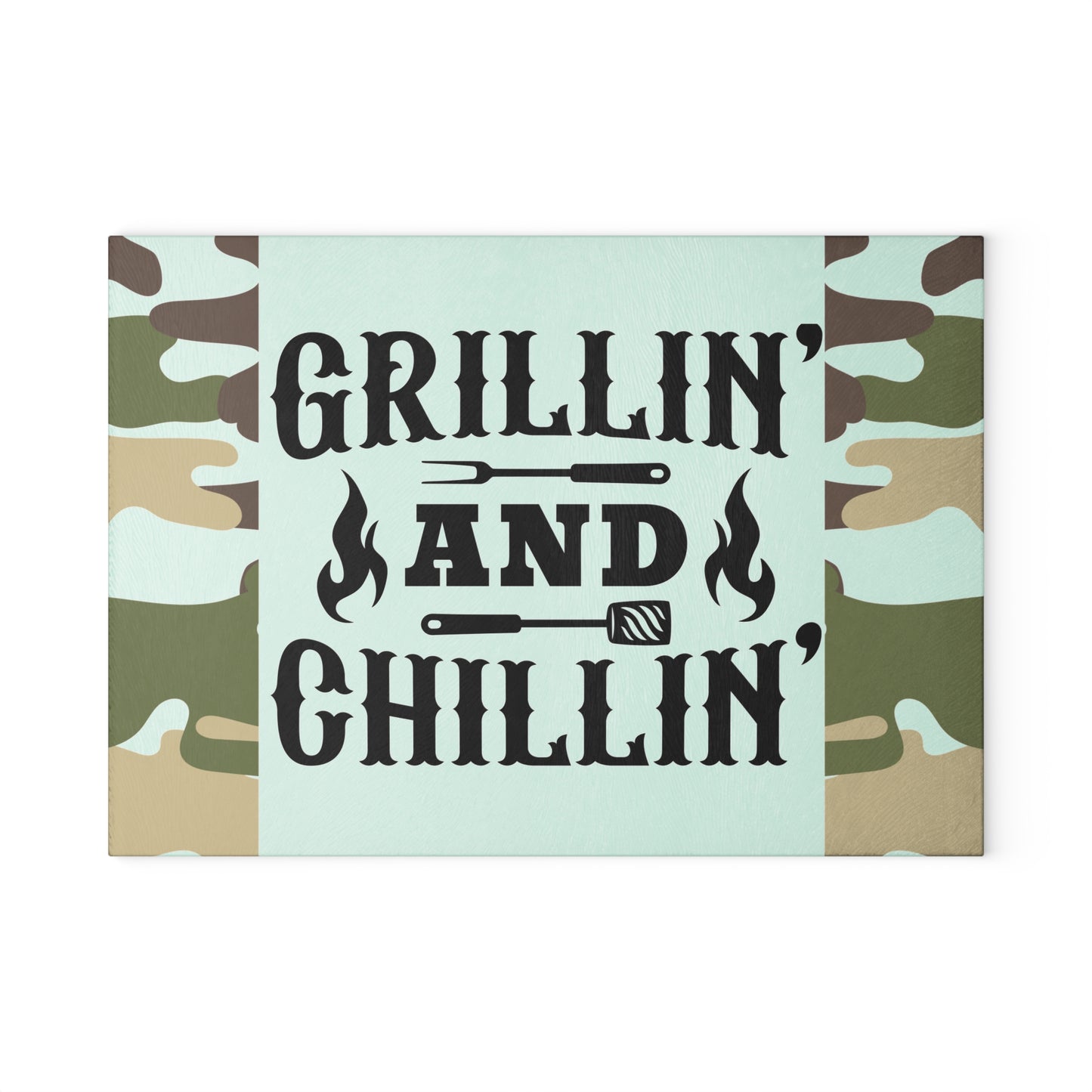 Tabla de cortar de vidrio GRILLIN AND CHILLIN – Estilo camuflaje para preparar barbacoa 🍔
