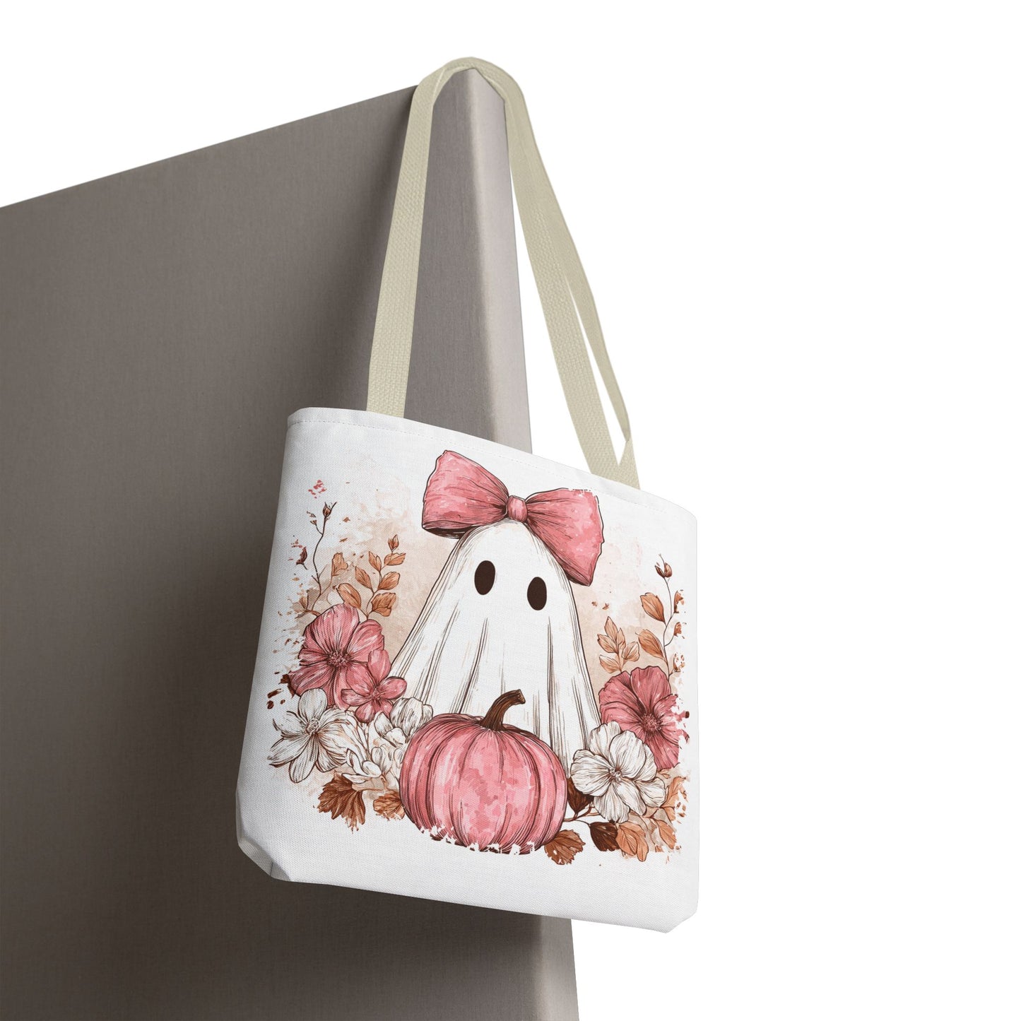 ๐ป Pink Bow Ghost Floral Halloween Tote Bag โ Spooky Cute with Fall Charm ๐๐