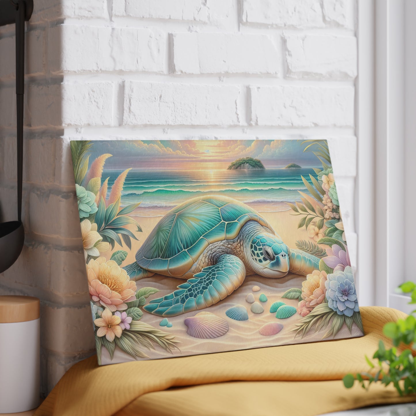 Tabla de cortar con diseño de tortuga marina y flores de playa: un escape tranquilo al océano para tu cocina