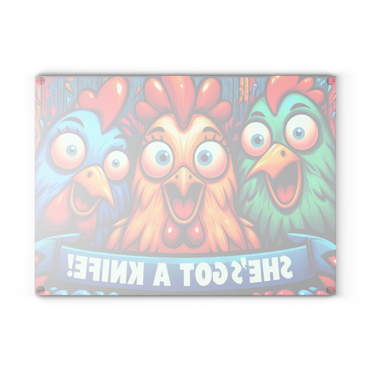 Tabla de cortar de vidrio "¡Tiene un cuchillo!" – Humor de cocina de dibujos animados de pollos 😂🍳