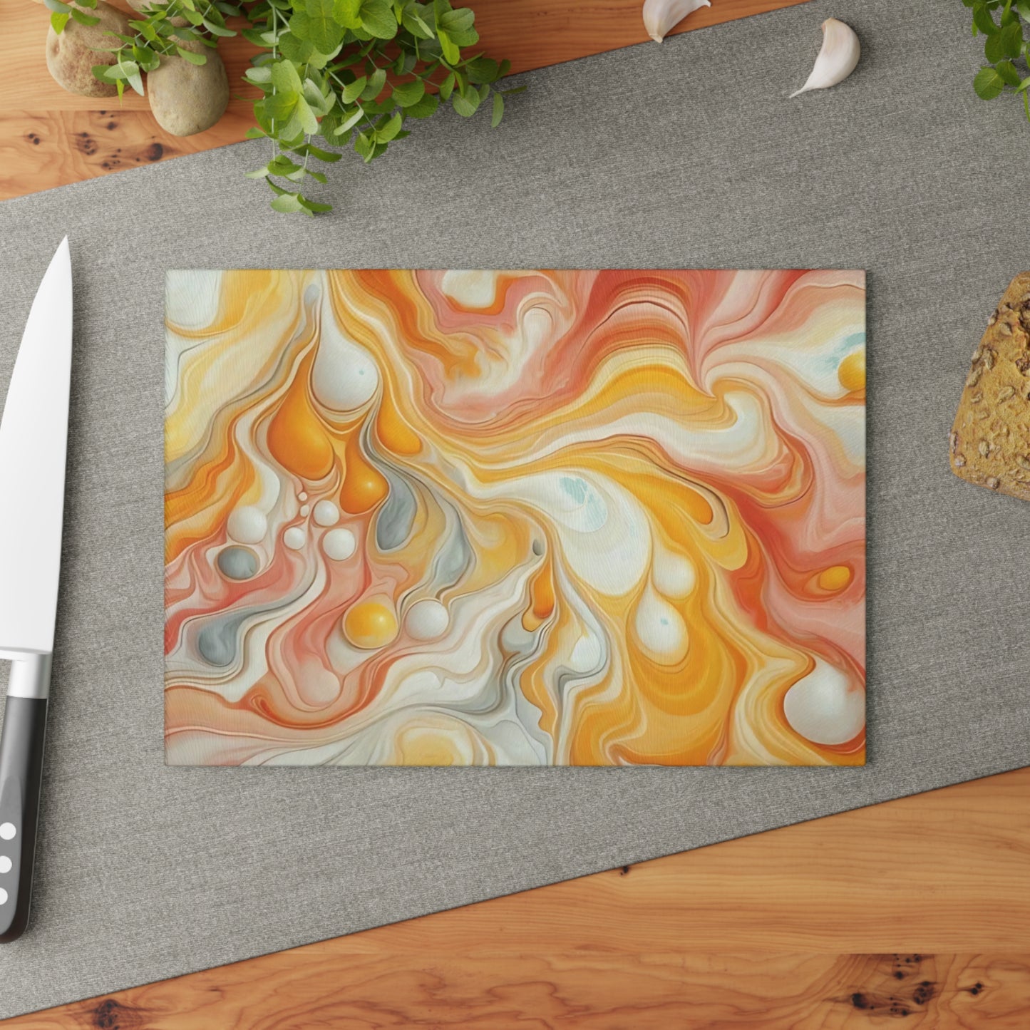 Tabla de cortar de vidrio templado con efecto mármol amarillo, gris y naranja: elegante decoración de cocina con aspecto de mármol, ideal para regalar y funcional.