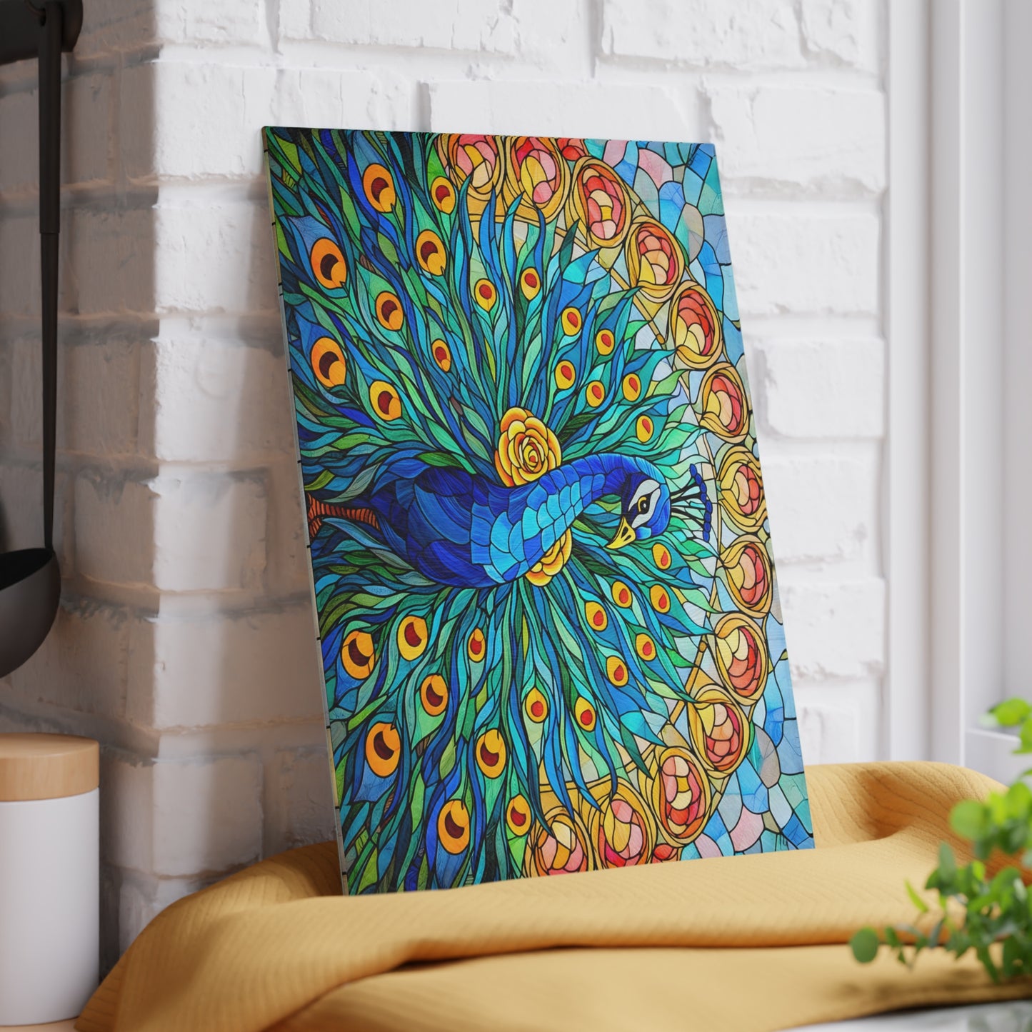 Stained Glass Style Peacock Glass Cutting Board – Vibrant Jewel-Tone Art Kitchen Decor