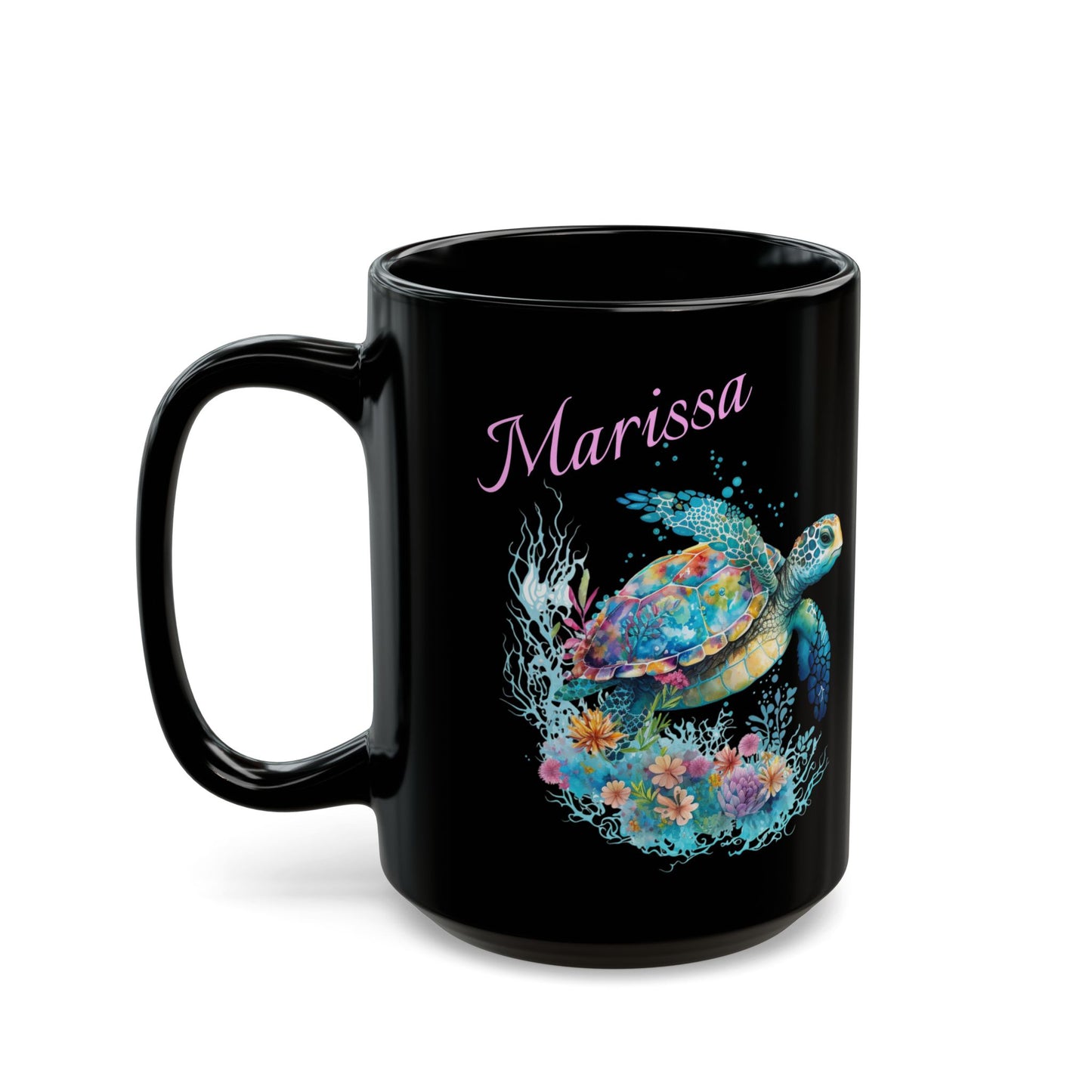 Taza de café personalizada de tortuga marina negra (15 oz) para amantes del océano, taza personalizada del océano, regalo para amantes del mar, taza de café costera, idea de regalo tropical, fanático de las tortugas marinas