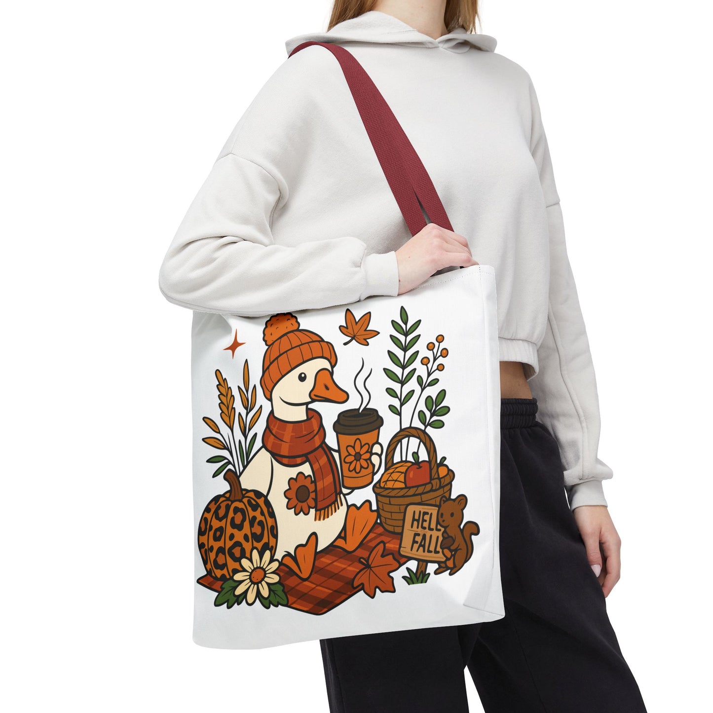 🧣 Hello Fall Cozy Duck Tote Bag – A Quirky Autumn Hug in a Bag 🍂🦆