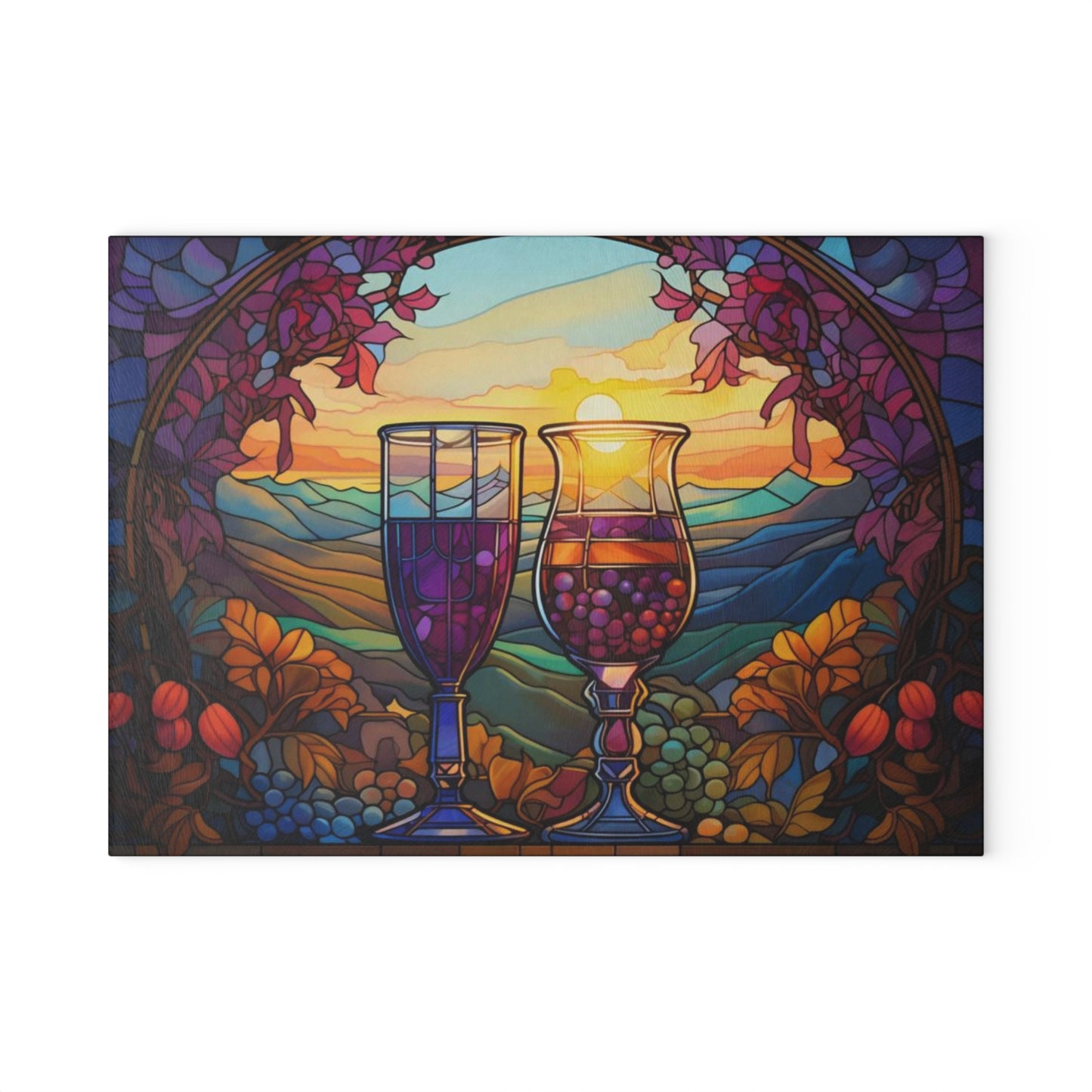 Tabla de cortar de vidrio templado con copas de vino de colores – Diseño Sunset Vineyard
