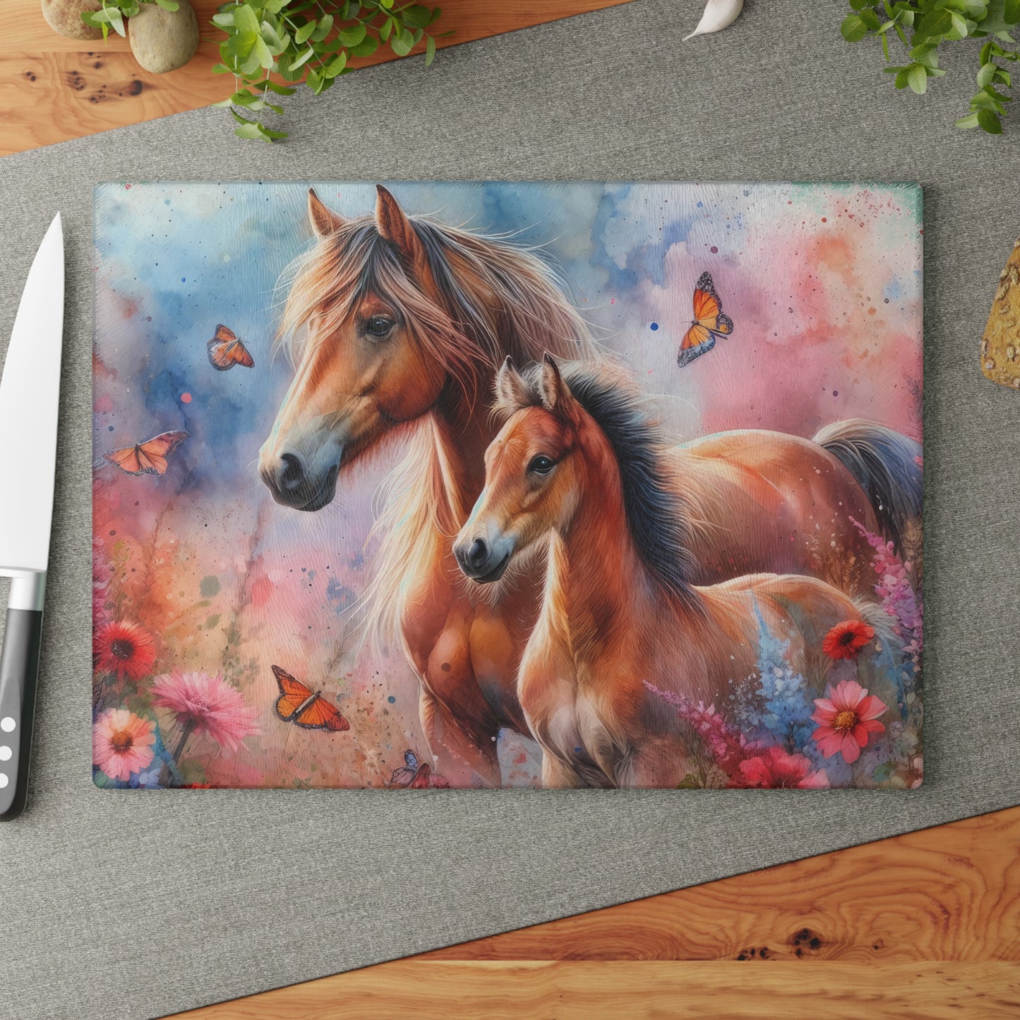🐴🌸 Mother & Foal Floral Cutting Board – Wild Beauty Meets Heartfelt Country Charm