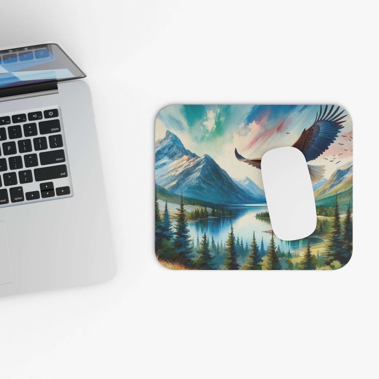 🖱️🦅 Bald Eagle Over Mountain Lake Mouse Pad – Wild Freedom Desk Art