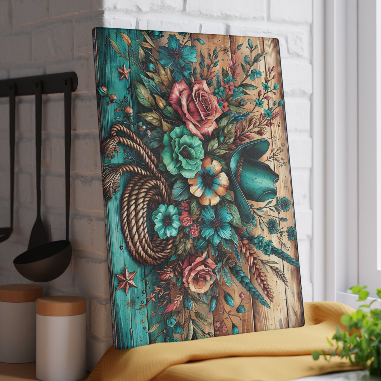 🤠 Western Cowboy Hat, Rope & Floral Rustic Cutting Board – Country Charm Kitchen Décor
