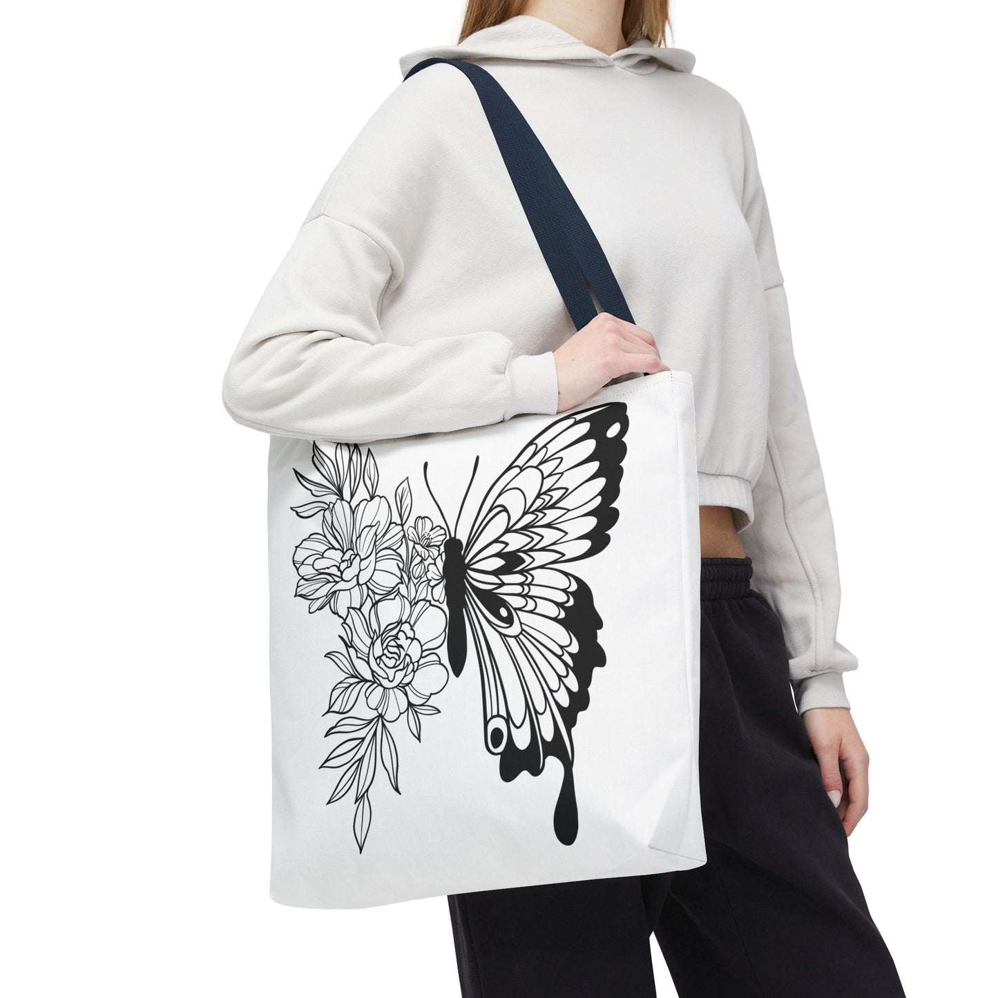 🦋 Black & White Butterfly Floral Tote Bag – Elegant Simplicity in Every Carry 🌸👜
