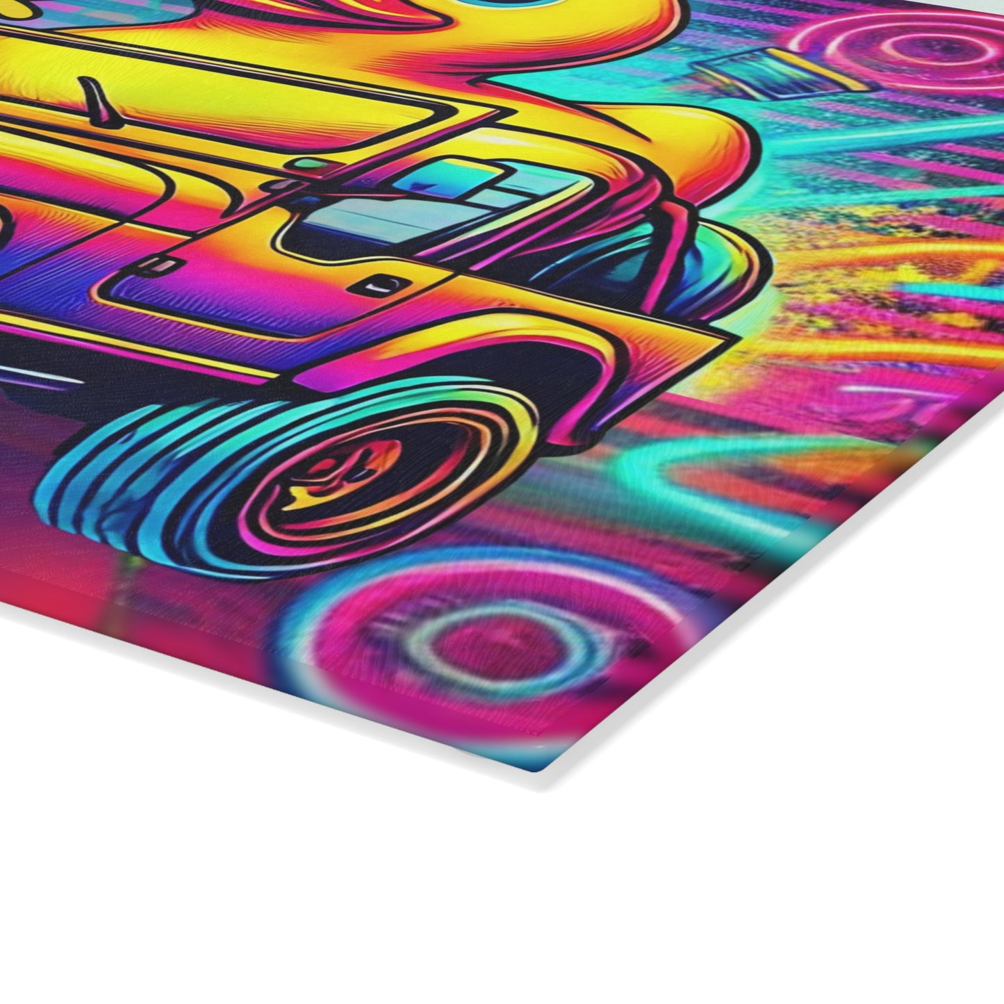 Tabla de cortar de vidrio con diseño de jeep neón y patito de goma: decoración todoterreno vibrante para la cocina, tabla de cortar para jeep, jeep neón, jeep con patito de goma