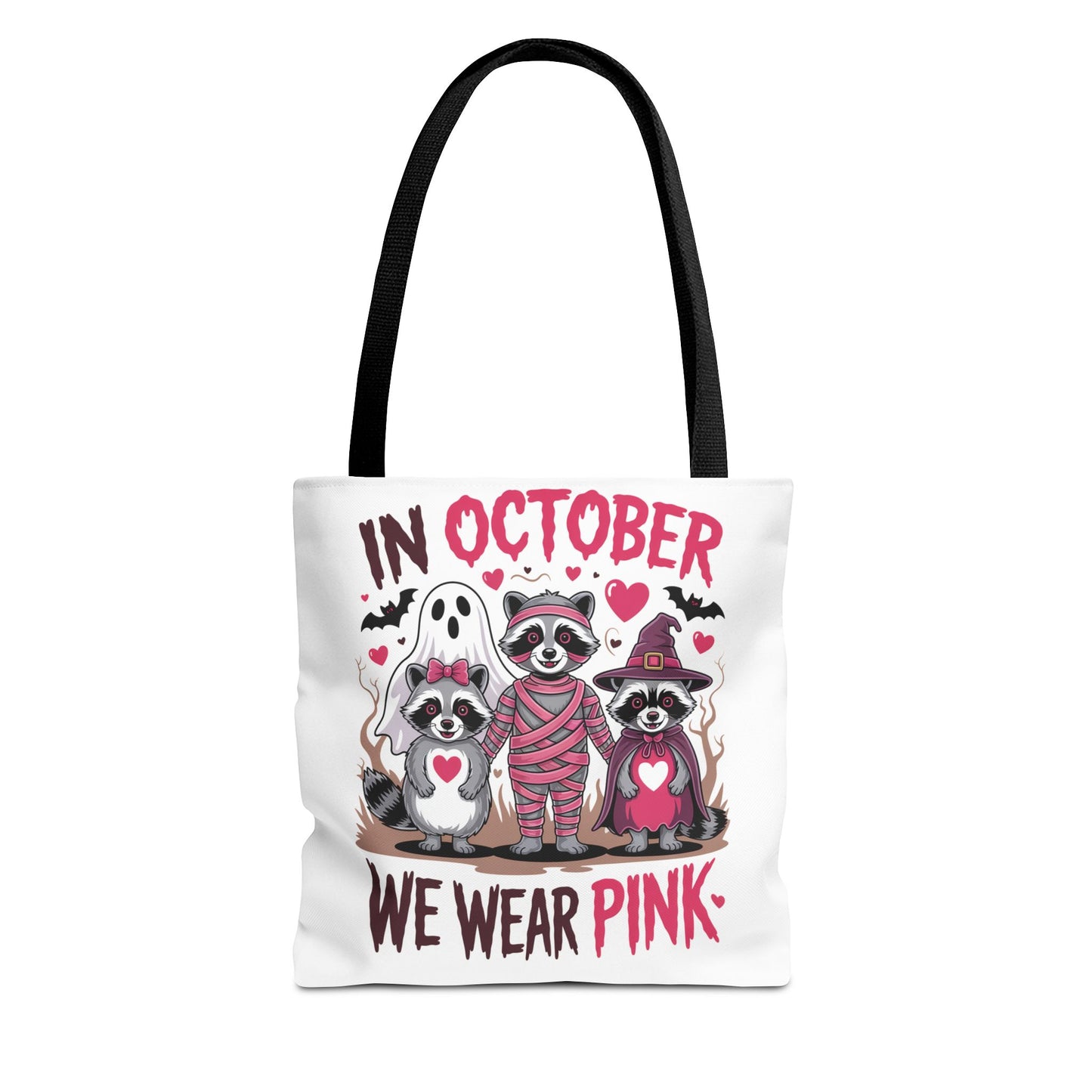 🎀 In October We Wear Pink Raccoon Halloween Tote Bag – Spooky Cute Awareness Style 🦝👜