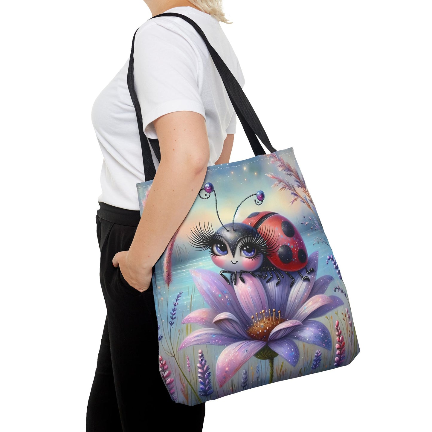 🐞 Mariquita sobre una flor junto al lago – Bolsa de tela inspirada en la naturaleza