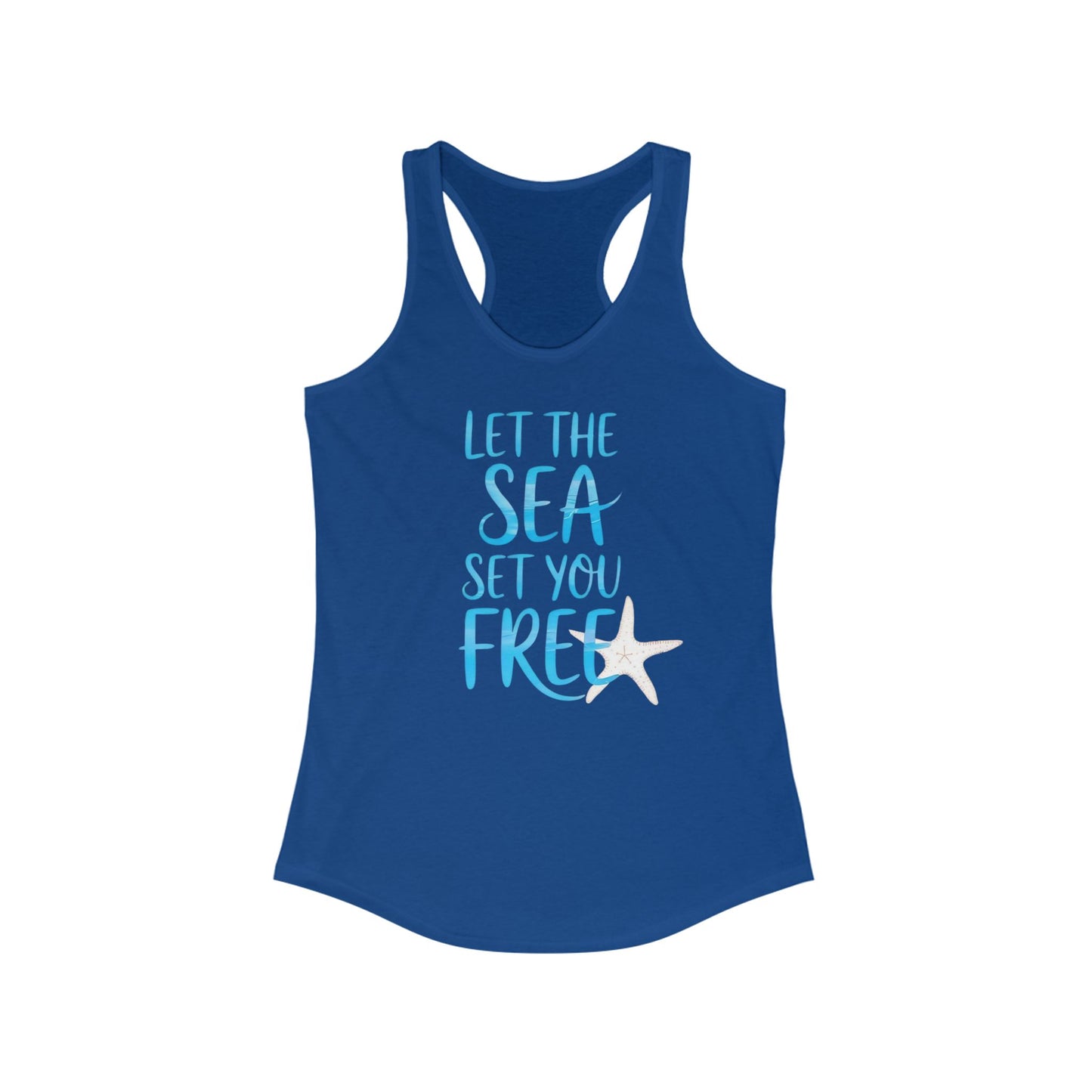 Camiseta de tirantes con espalda nadadora "Deja que el mar te libere" - Gráfico playero de estrellas de mar y conchas | Camiseta de tirantes costera para mujer