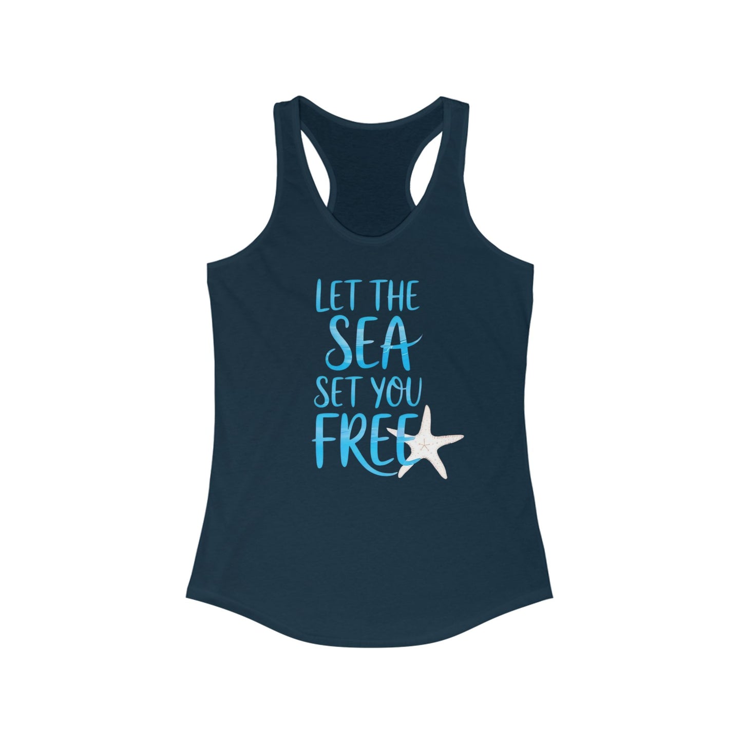 Camiseta de tirantes con espalda nadadora "Deja que el mar te libere" - Gráfico playero de estrellas de mar y conchas | Camiseta de tirantes costera para mujer