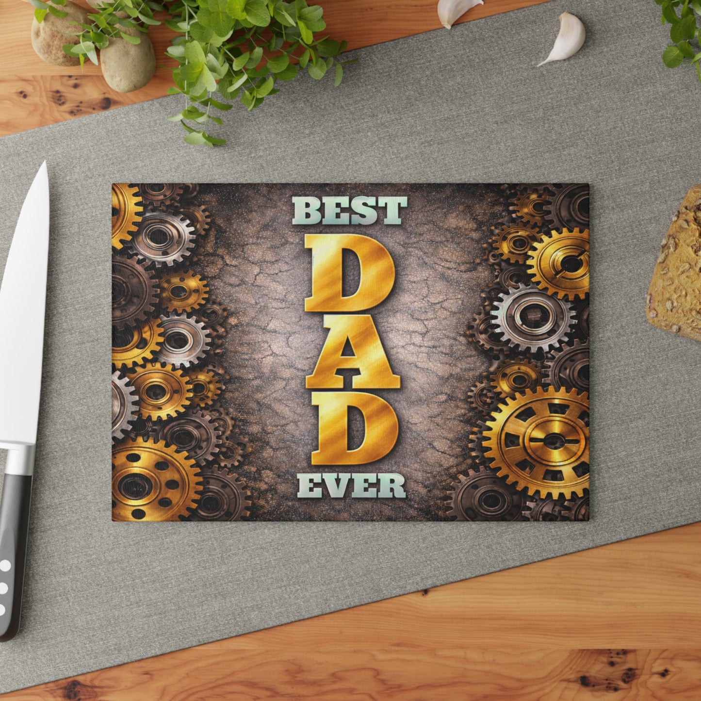Best Dad Ever Glass Cutting Board – Industrial Gear Father Tribute Kitchen Art