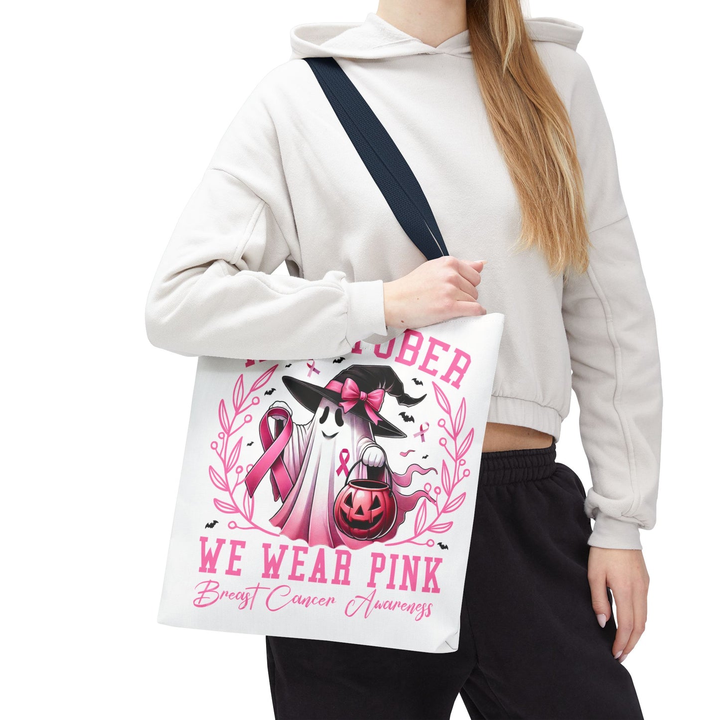 🎀 In October We Wear Pink Tote Bag – Breast Cancer Awareness with Spooky Charm 🎃