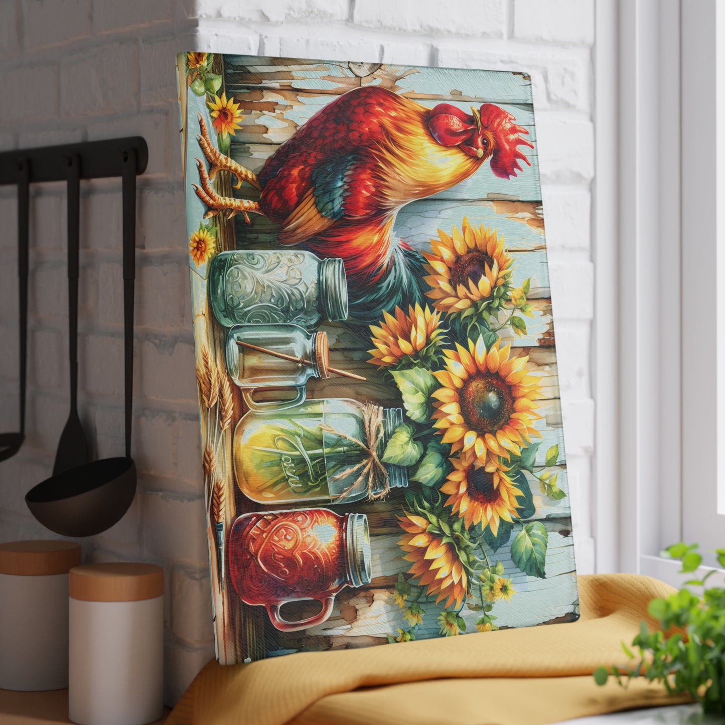 🐓 Rustic Rooster & Sunflowers Cutting Board – Farmhouse Mason Jar Kitchen Art