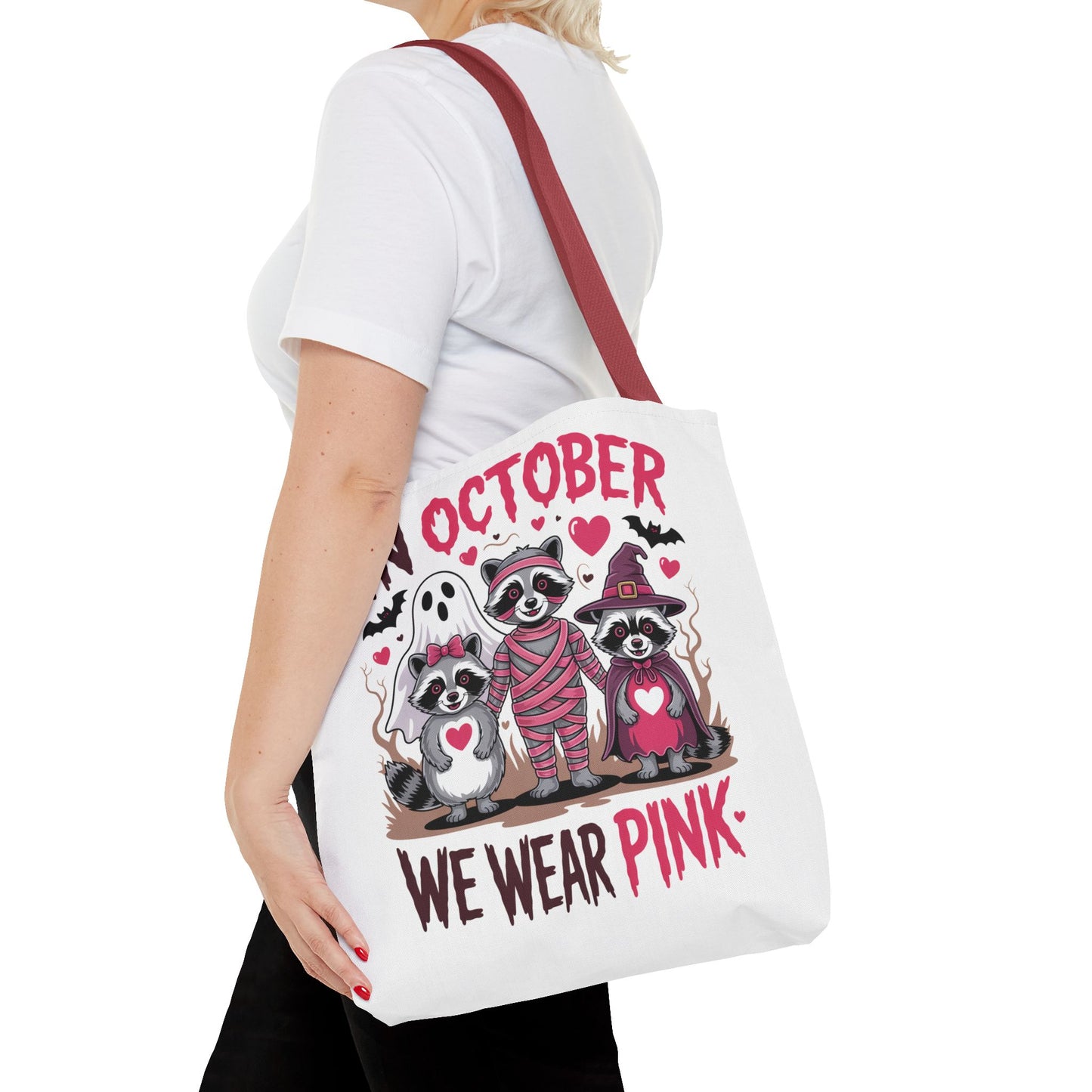 🎀 In October We Wear Pink Raccoon Halloween Tote Bag – Spooky Cute Awareness Style 🦝👜