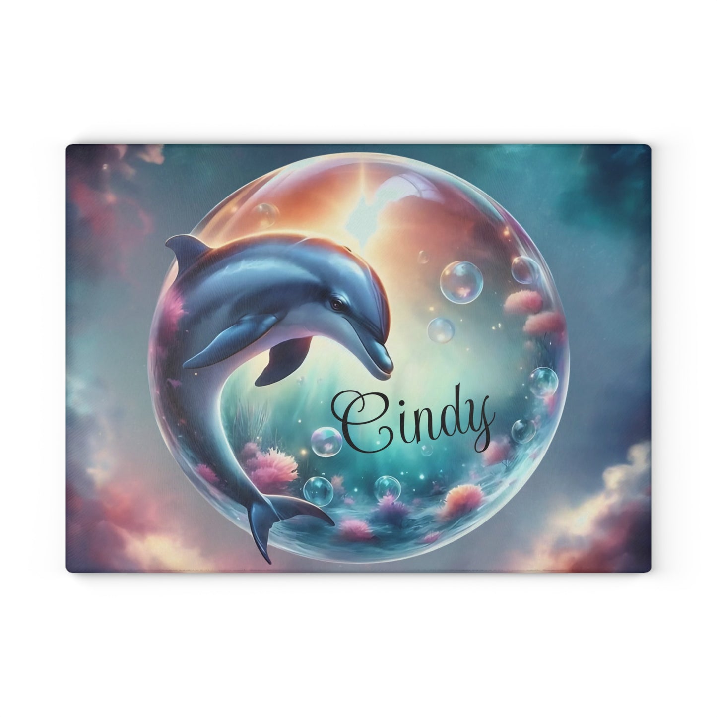 Dolphin Ocean Dream Glass Cutting Board – Personalized Coastal Kitchen Decor with Bubbles and Coral Reef Design