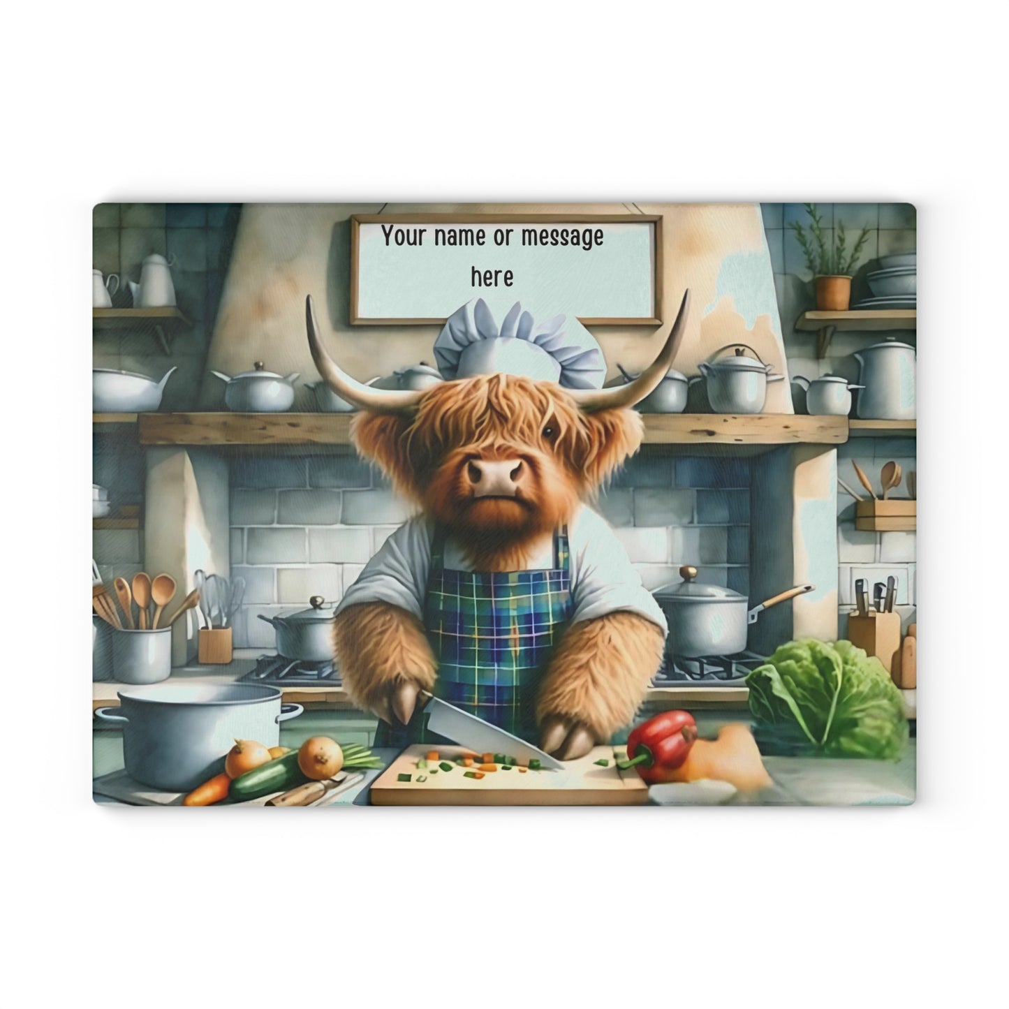 Tabla de cortar de vidrio Highland Cow Chef: decoración divertida para cocinas de estilo rústico