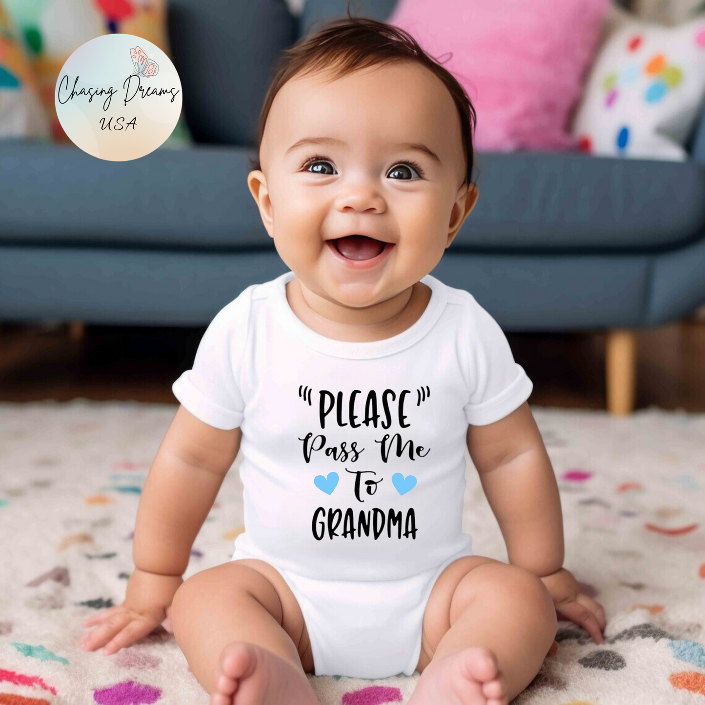 "PLEASE Pass Me to GRANDMA" Baby Onesie – Unisex Bodysuit for Infant Boys or Girls – Available with Blue or Pink Hearts