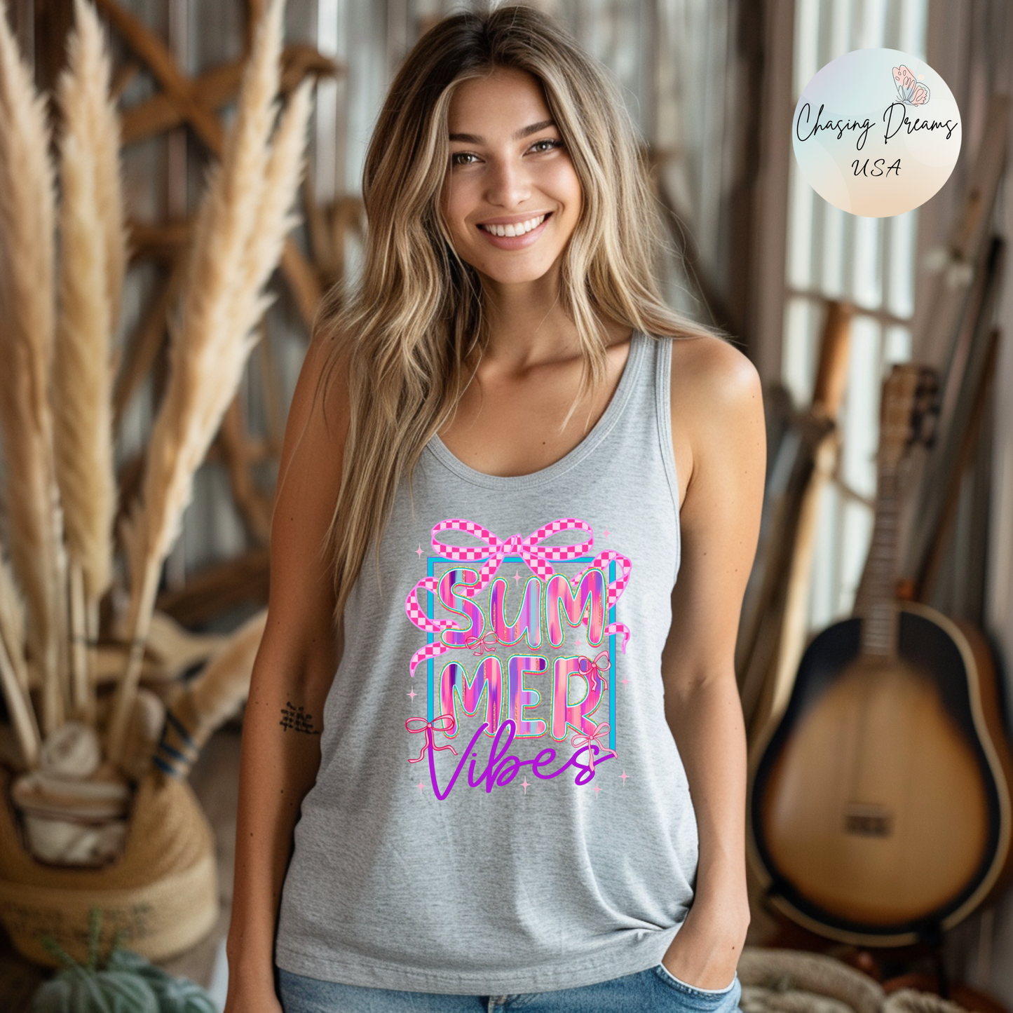 ☀️ Camiseta sin mangas con espalda nadadora Summer Vibes: camiseta gráfica ligera para mujer para playa, piscina y días informales