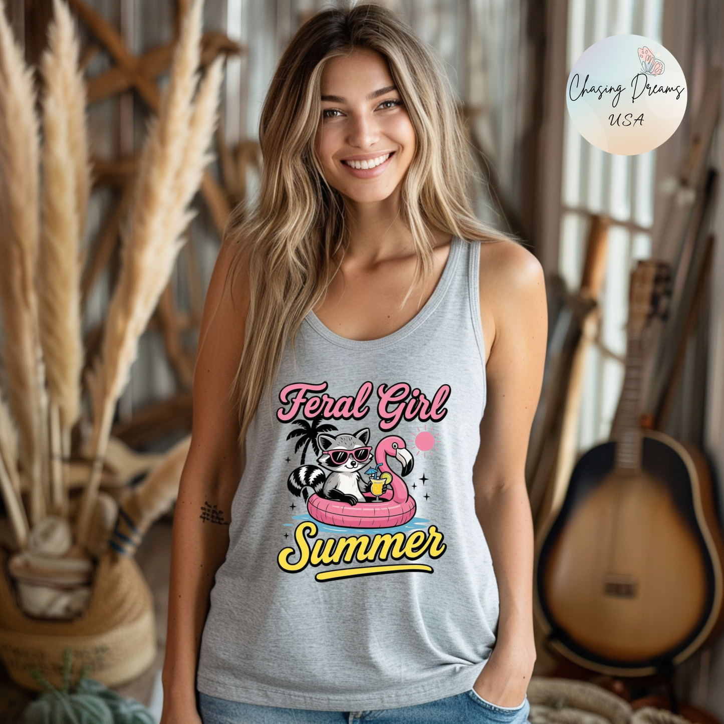 Camiseta de tirantes de verano para chica salvaje: mapache divertido con espalda nadadora flotante para mujer