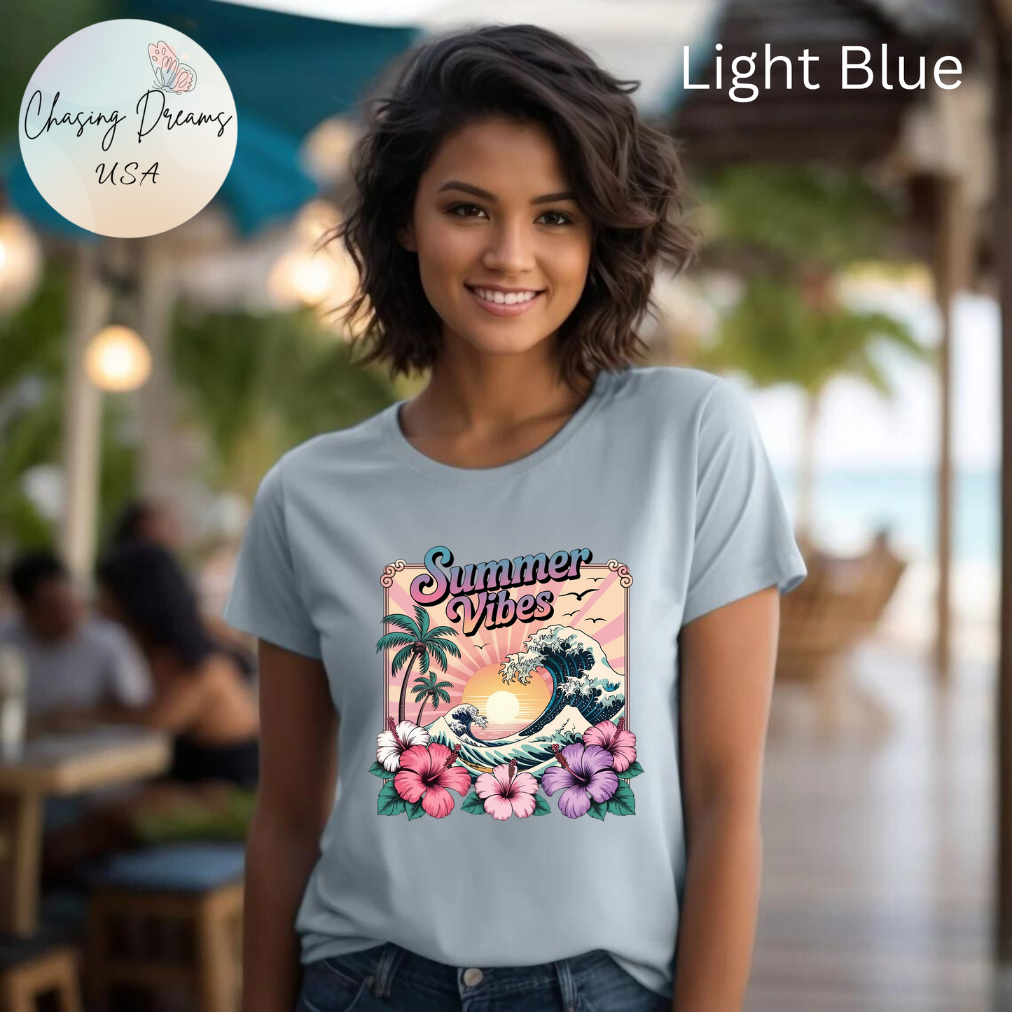 ☀️ Camiseta Summer Vibes – Ola playera vibrante, hibisco y palmeras | Camiseta gráfica para mujer