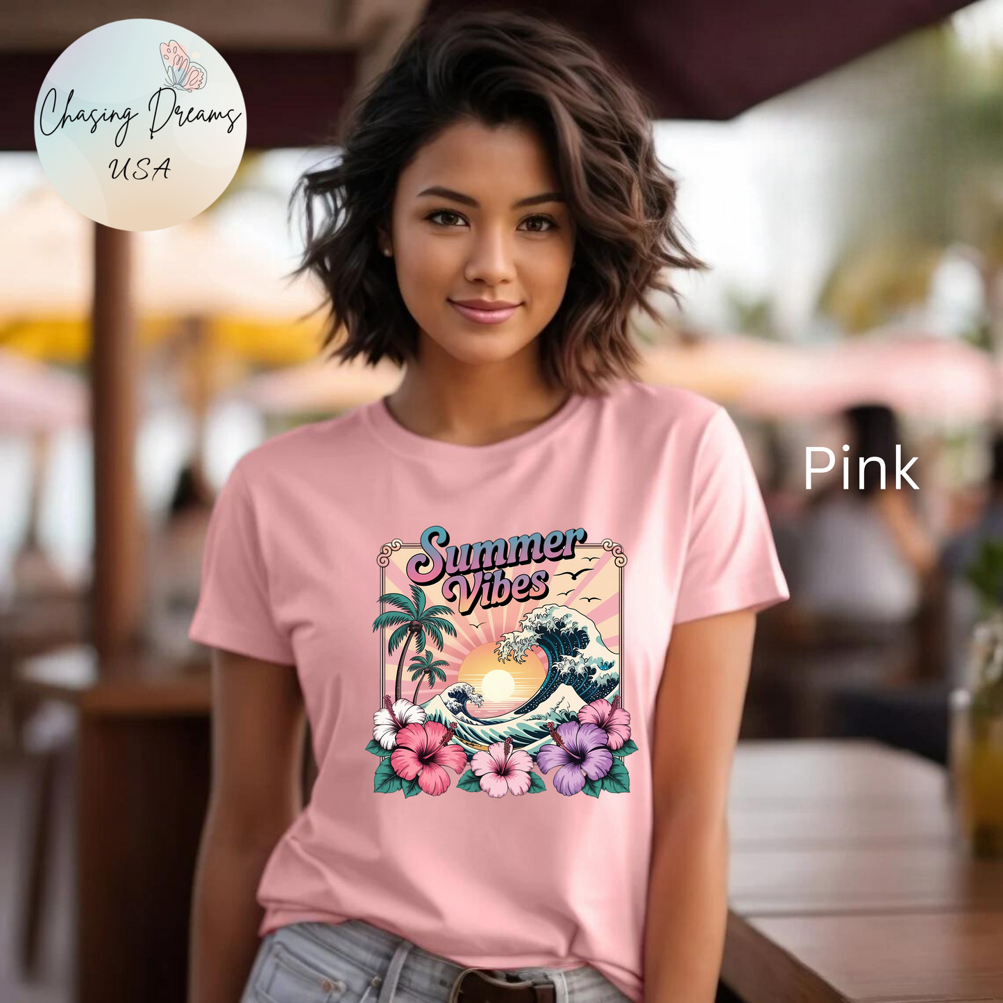 ☀️ Camiseta Summer Vibes – Ola playera vibrante, hibisco y palmeras | Camiseta gráfica para mujer