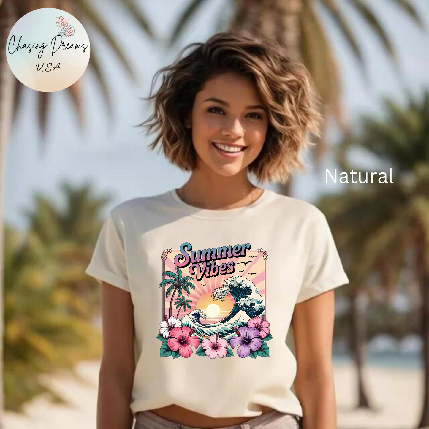 ☀️ Camiseta Summer Vibes – Ola playera vibrante, hibisco y palmeras | Camiseta gráfica para mujer
