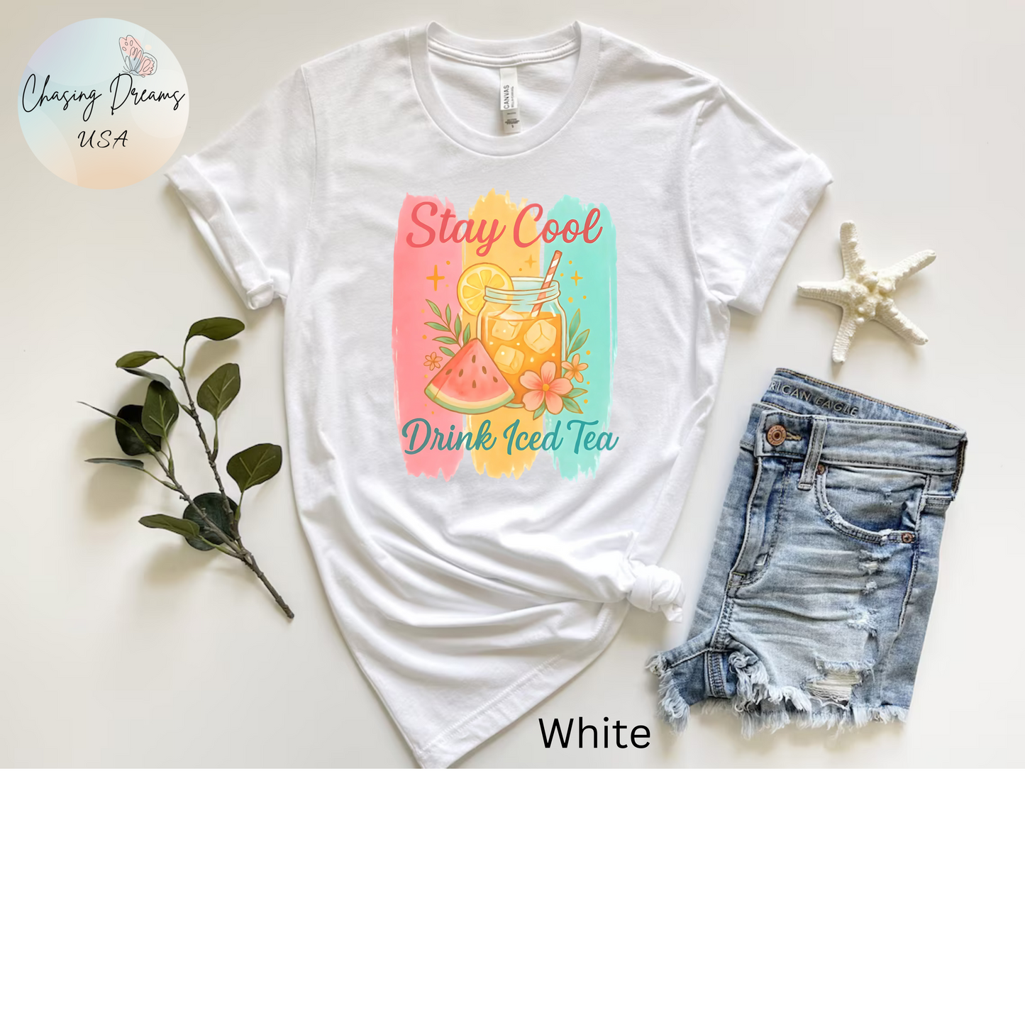 Camiseta "Mantente Fresco, Bebe Té Helado" - Camiseta Gráfica de Verano con Sandía y Té Helado | Solo Blanca