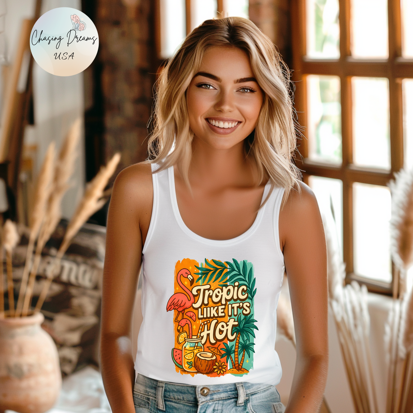 Camiseta de tirantes estilo tropical con espalda nadadora: palmeras, bebidas tropicales y flamencos | Solo en blanco