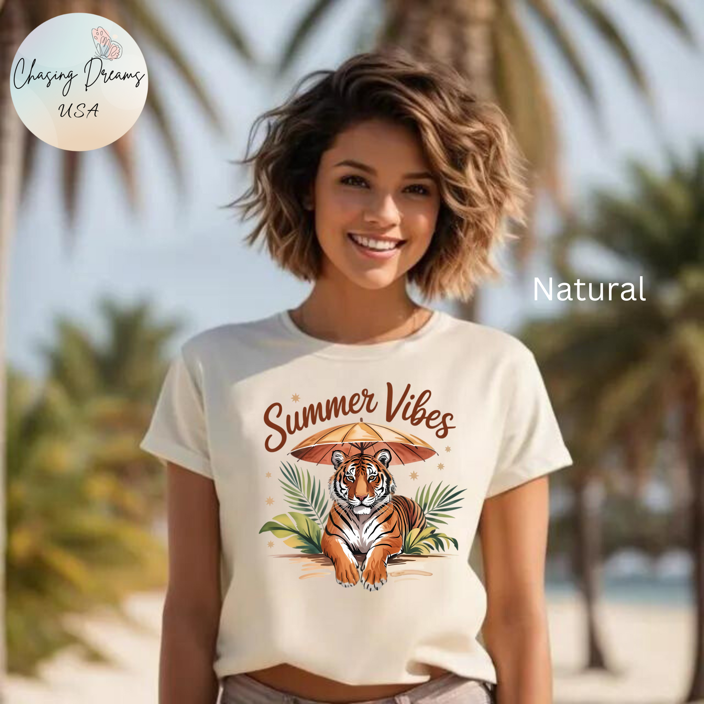 Camiseta Summer Vibes Tiger – Gráfico de palmeras de la selva con paraguas | Múltiples opciones de color
