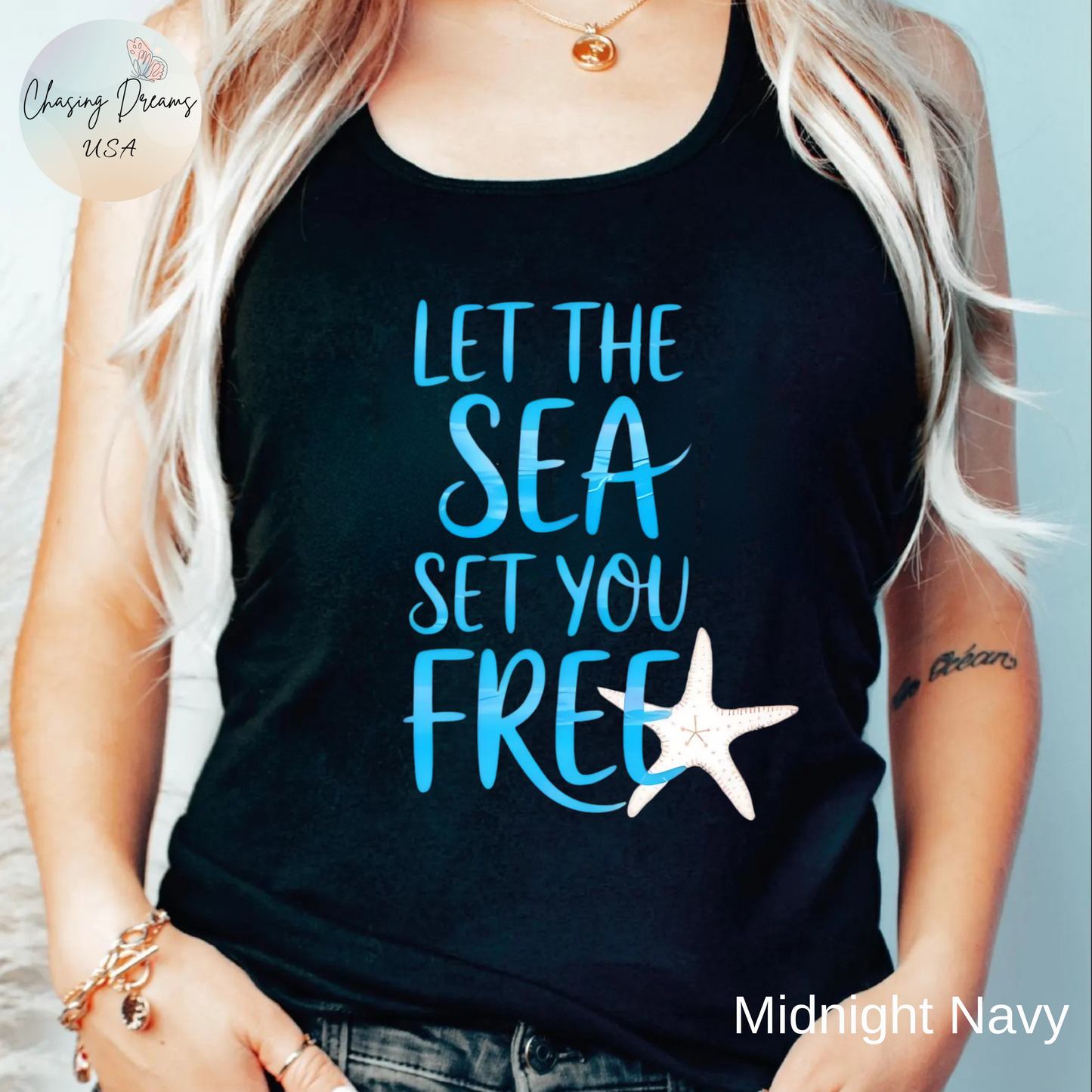 Camiseta de tirantes con espalda nadadora "Deja que el mar te libere" - Gráfico playero de estrellas de mar y conchas | Camiseta de tirantes costera para mujer