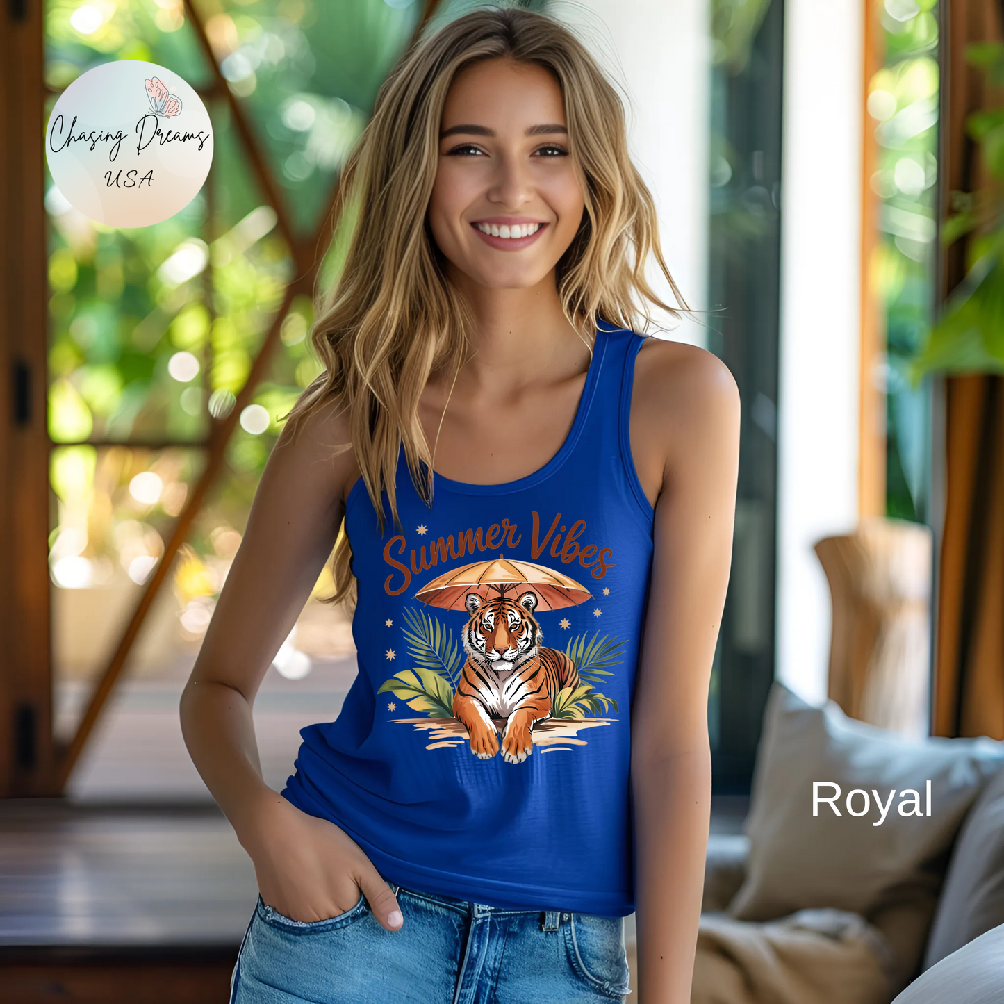 Camiseta de tirantes Summer Vibes Tiger con espalda nadadora – Diseño de palmeras de la selva con paraguas | 15 opciones de color