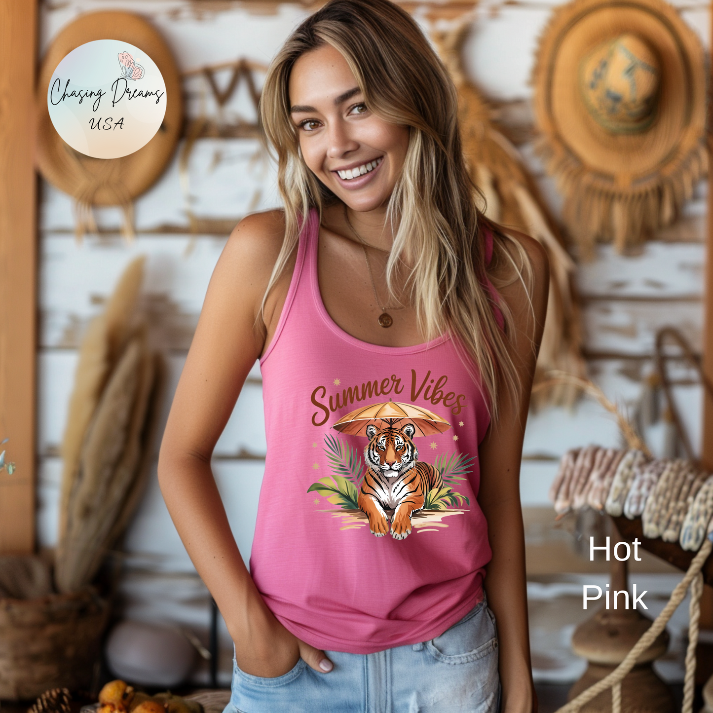 Camiseta de tirantes Summer Vibes Tiger con espalda nadadora – Diseño de palmeras de la selva con paraguas | 15 opciones de color