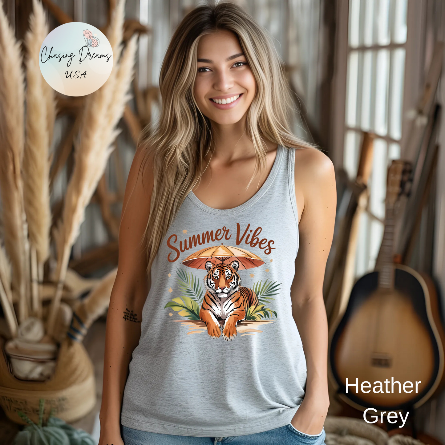 Camiseta de tirantes Summer Vibes Tiger con espalda nadadora – Diseño de palmeras de la selva con paraguas | 15 opciones de color