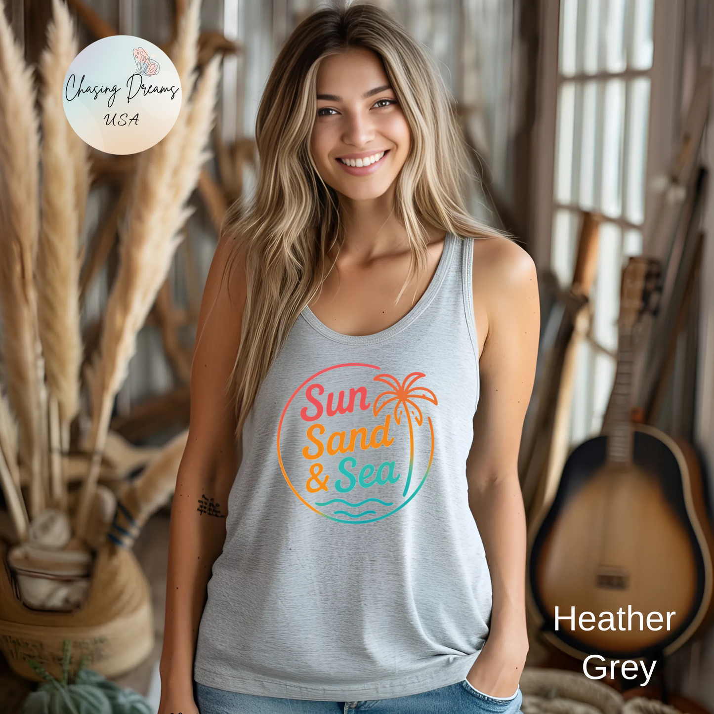 Camiseta de tirantes con espalda nadadora Sun Sand & Sea – Diseño tropical de verano | Camiseta de tirantes playera con estampado para mujer | 15 colores