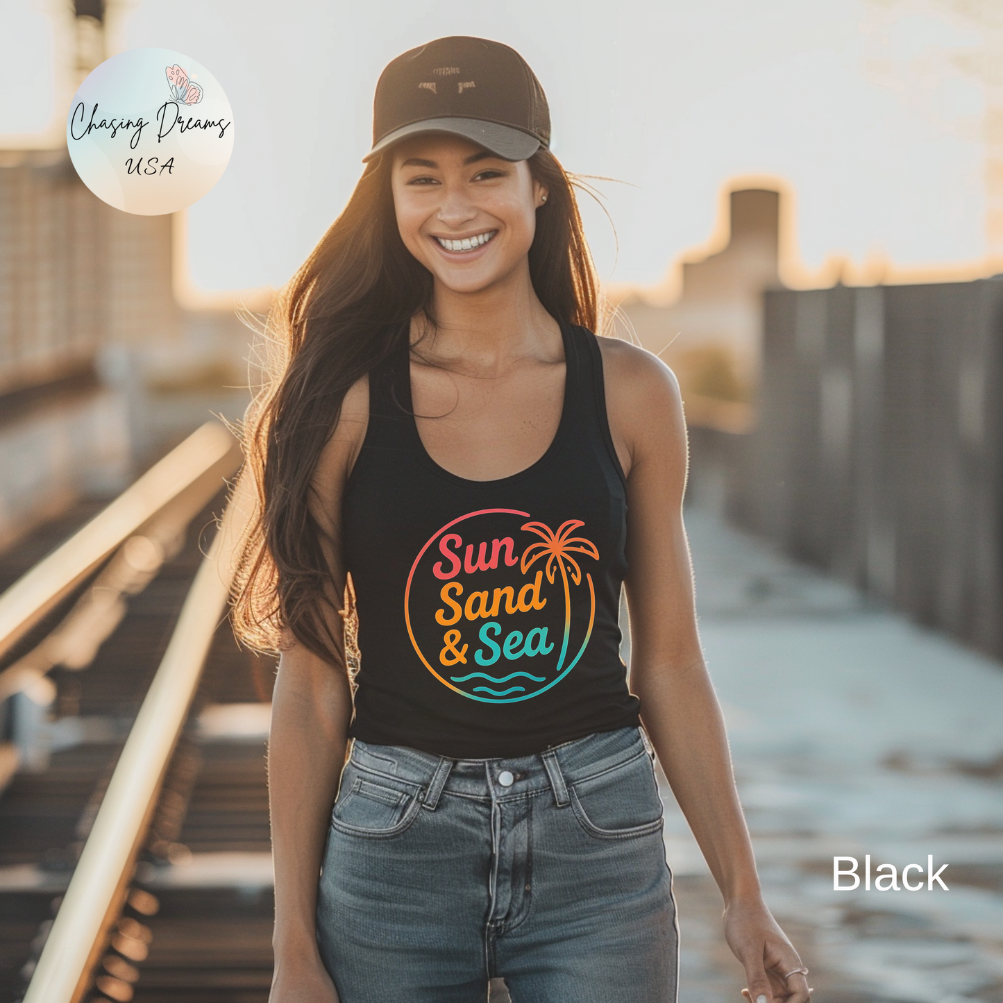 Camiseta de tirantes con espalda nadadora Sun Sand & Sea – Diseño tropical de verano | Camiseta de tirantes playera con estampado para mujer | 15 colores