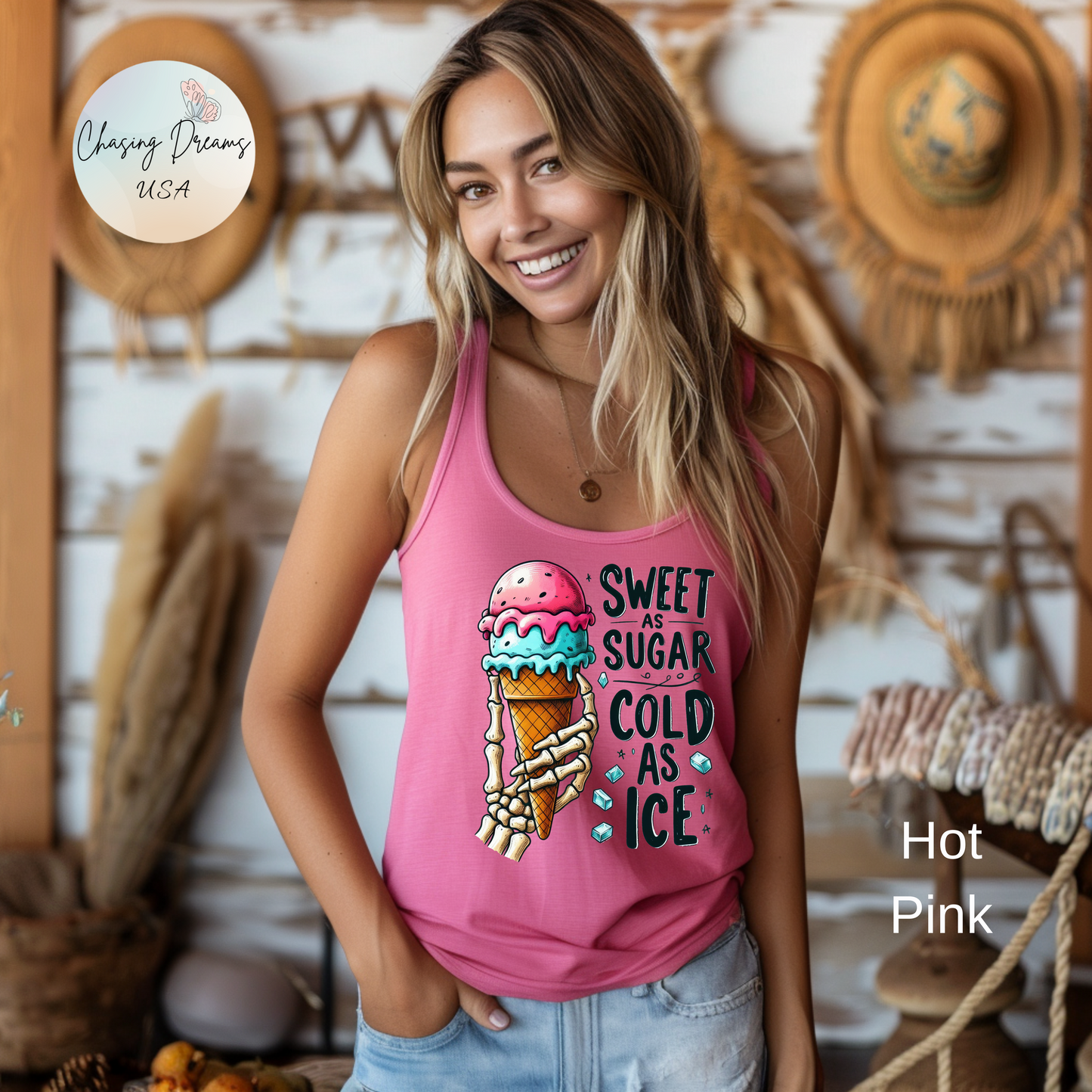 Dulce como el azúcar, fría como el hielo – Camiseta deportiva con espalda descubierta y mano de esqueleto