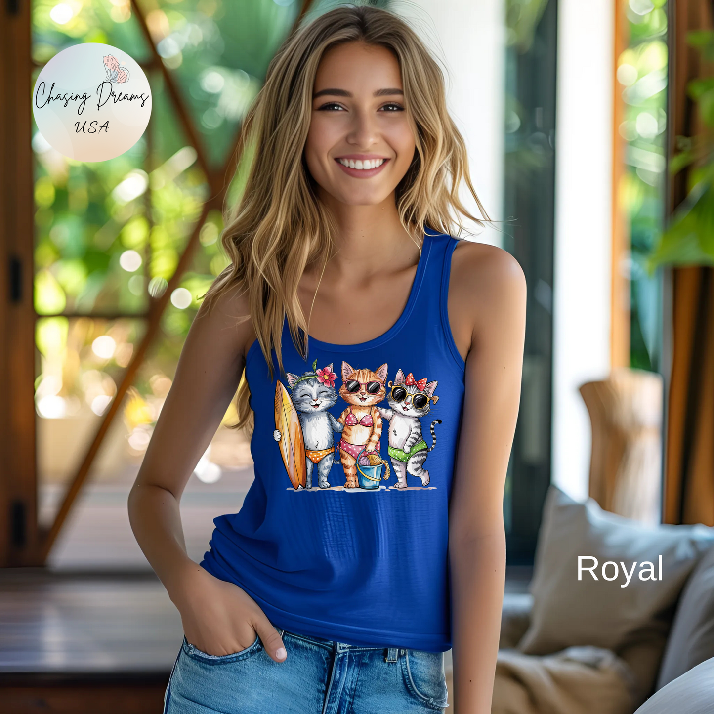 😻🌴 Tres gatos en traje de baño: Camiseta de tirantes con espalda nadadora para un día de playa perfecto