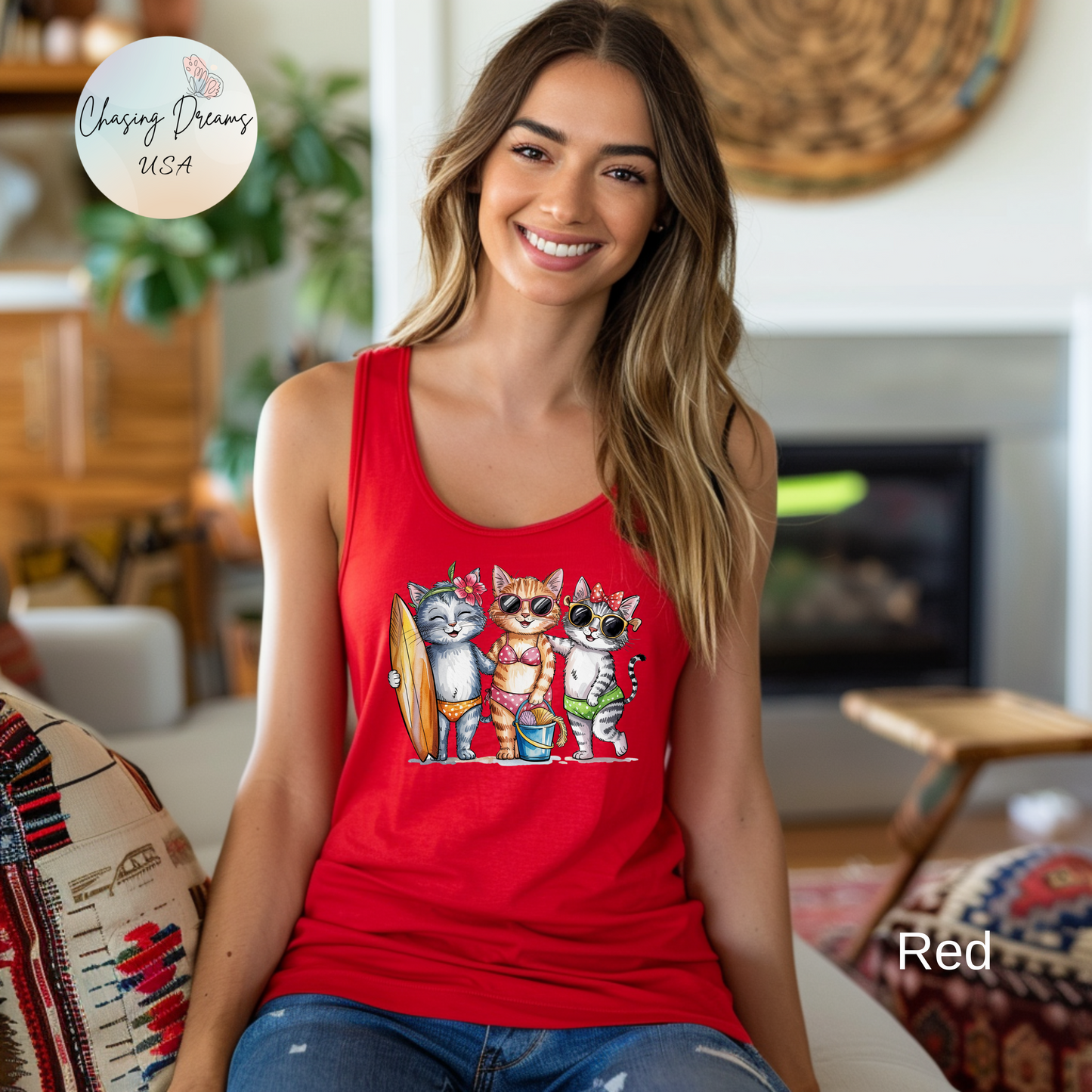 😻🌴 Tres gatos en traje de baño: Camiseta de tirantes con espalda nadadora para un día de playa perfecto