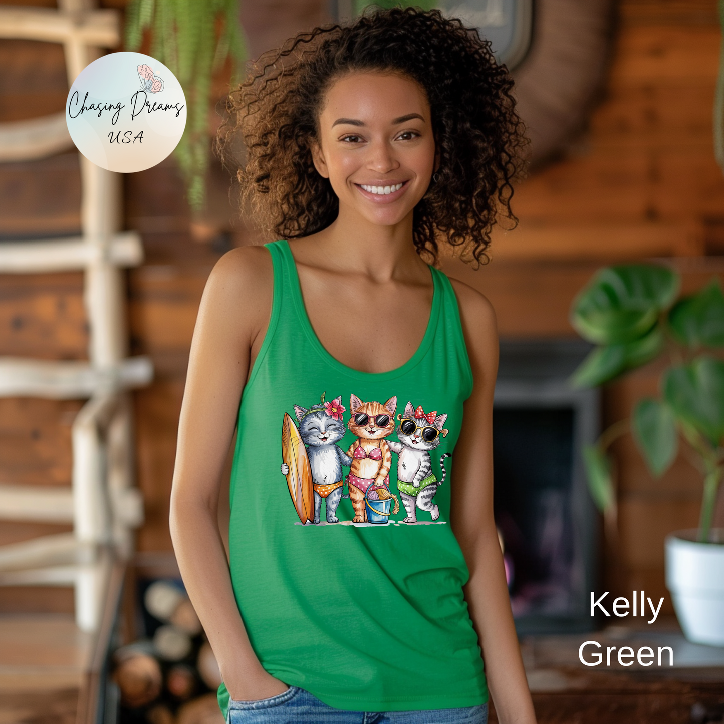 😻🌴 Tres gatos en traje de baño: Camiseta de tirantes con espalda nadadora para un día de playa perfecto