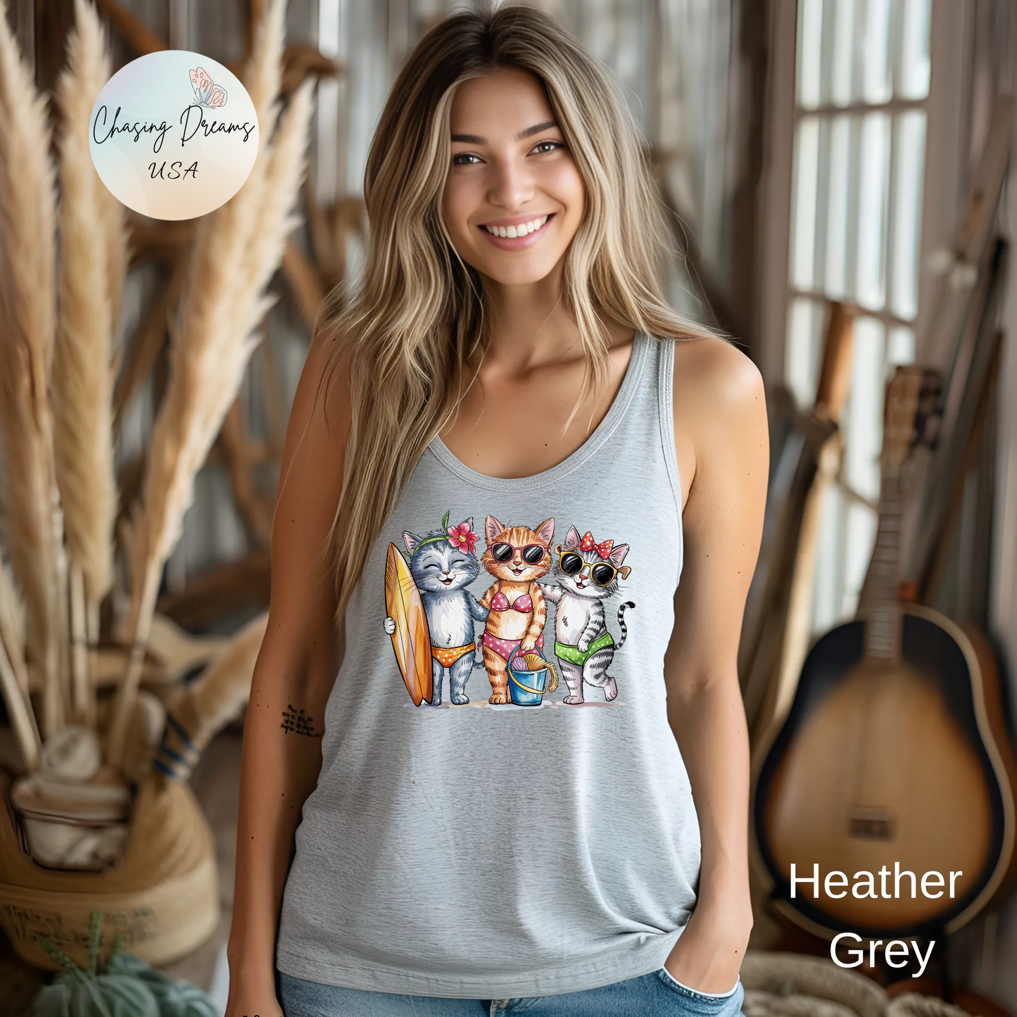 😻🌴 Tres gatos en traje de baño: Camiseta de tirantes con espalda nadadora para un día de playa perfecto