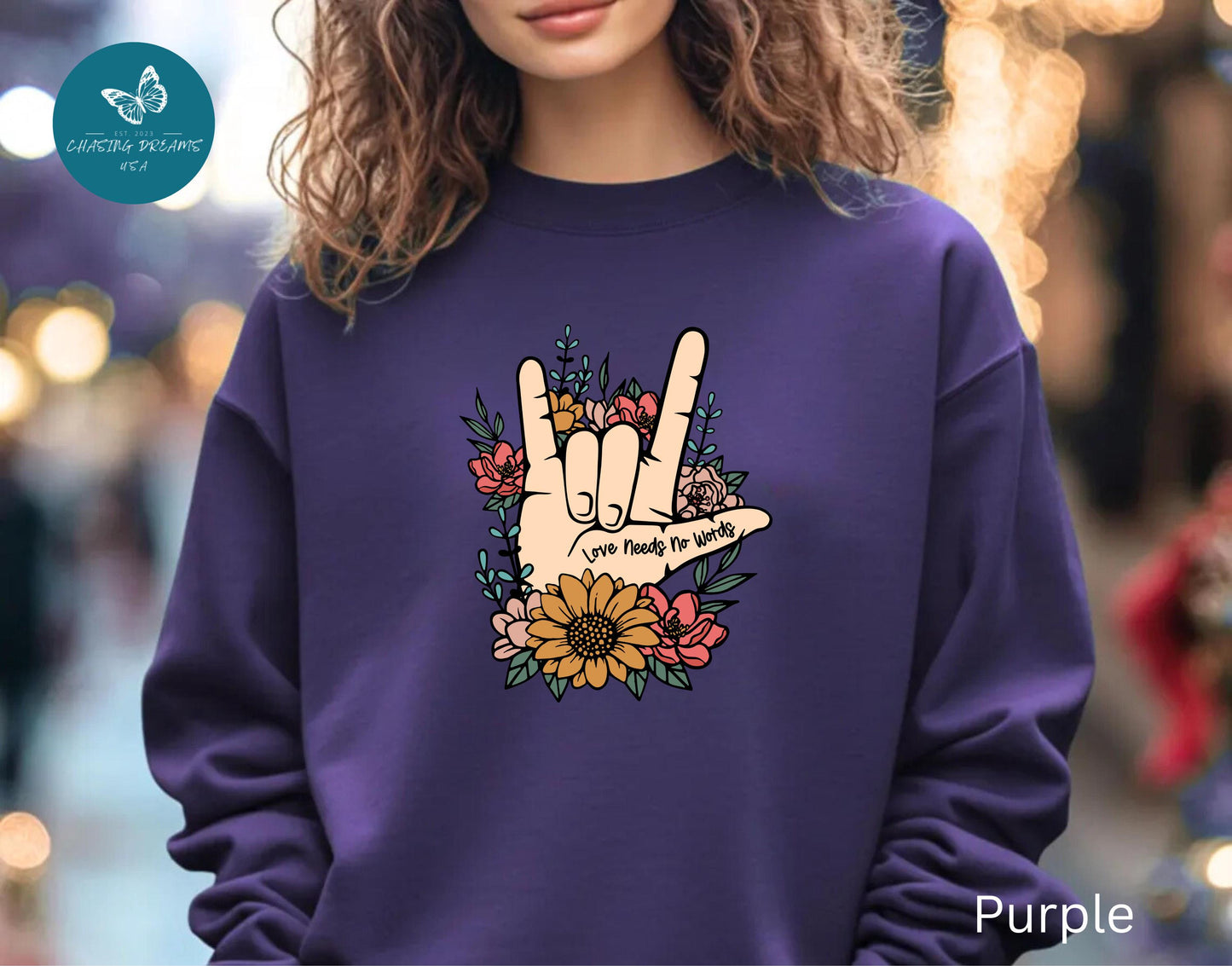 🎄🤟 Love Needs No Words Christmas Sweatshirt – ASL Holiday Floral Design for Meaningful Gifts 🌸🎁