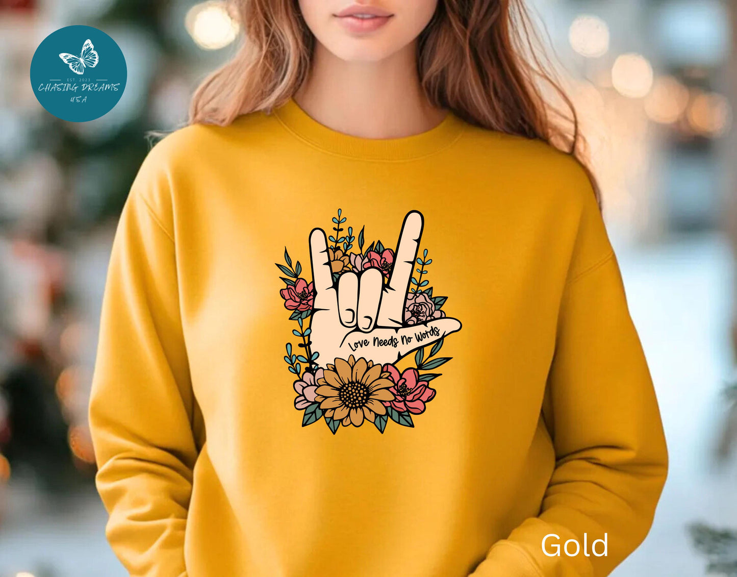 🎄🤟 Love Needs No Words Christmas Sweatshirt – ASL Holiday Floral Design for Meaningful Gifts 🌸🎁